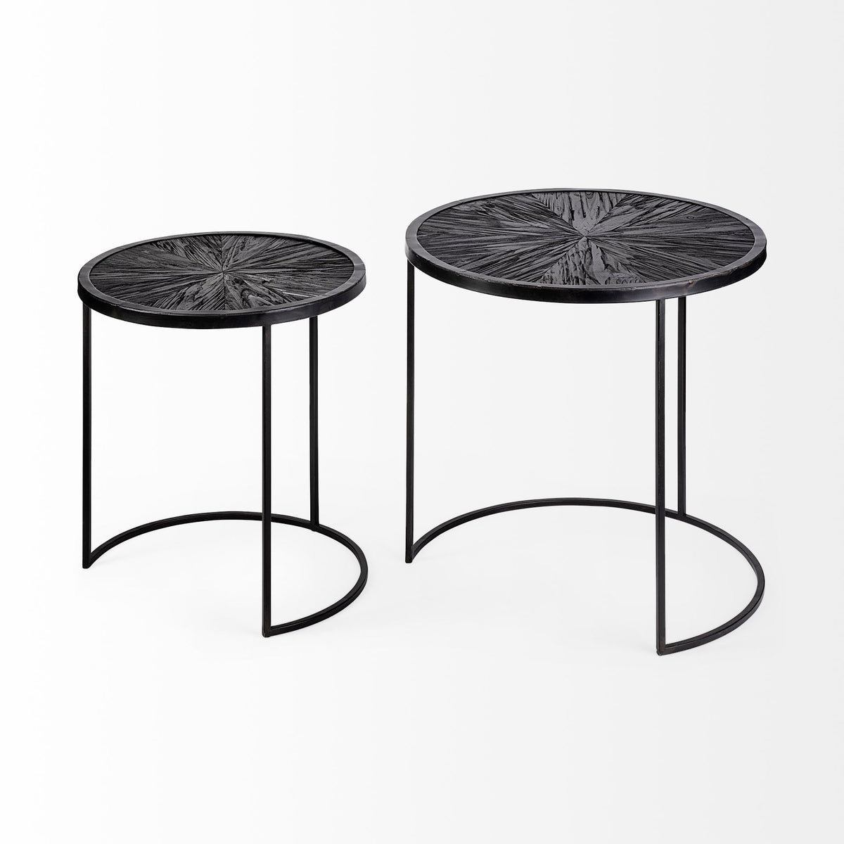 Chakra 19.7" Set of Two Round Dark Wood Top Black Frame Accent Tables-Accent Tables-DECOROLALA