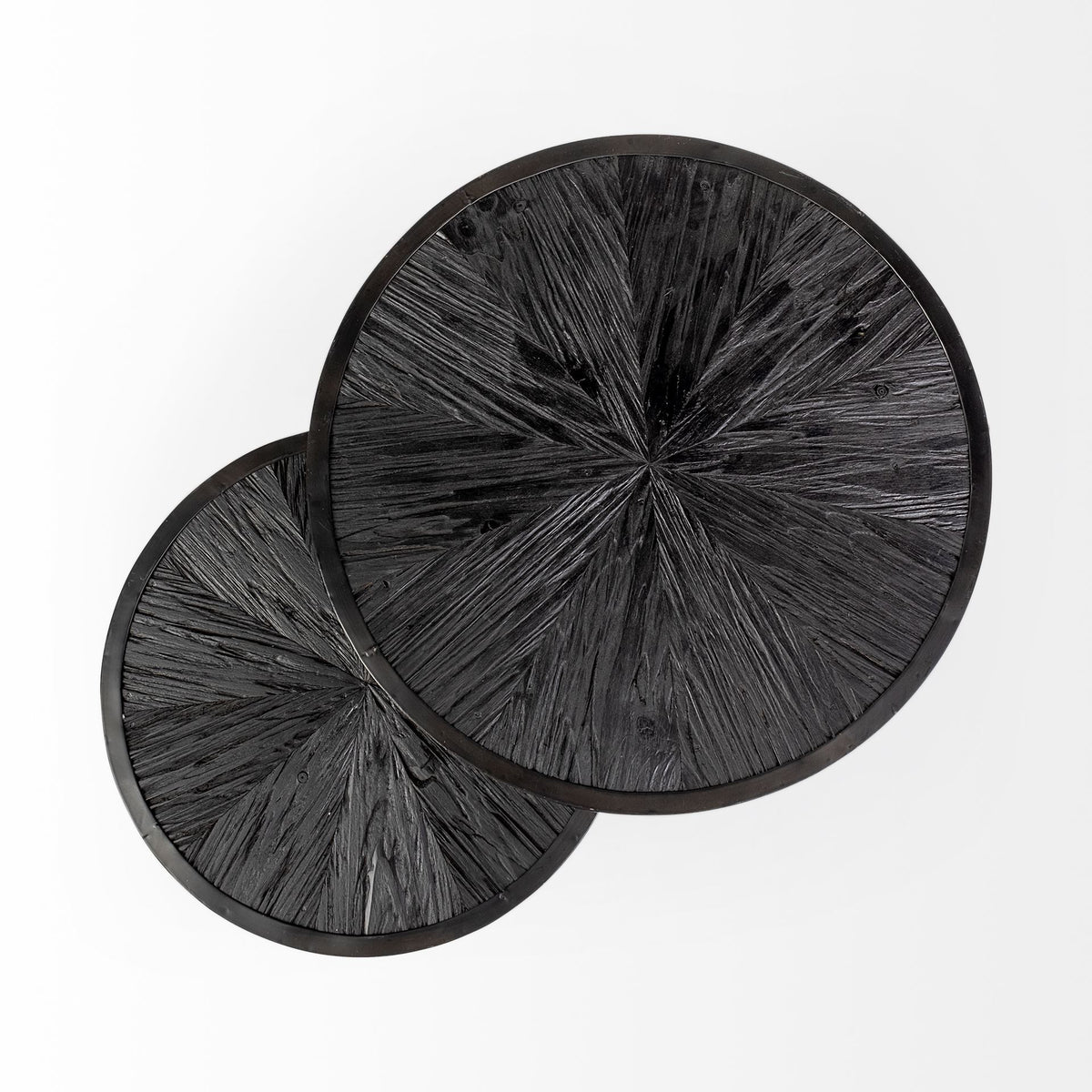 Chakra 19.7" Set of Two Round Dark Wood Top Black Frame Accent Tables-Accent Tables-DECOROLALA