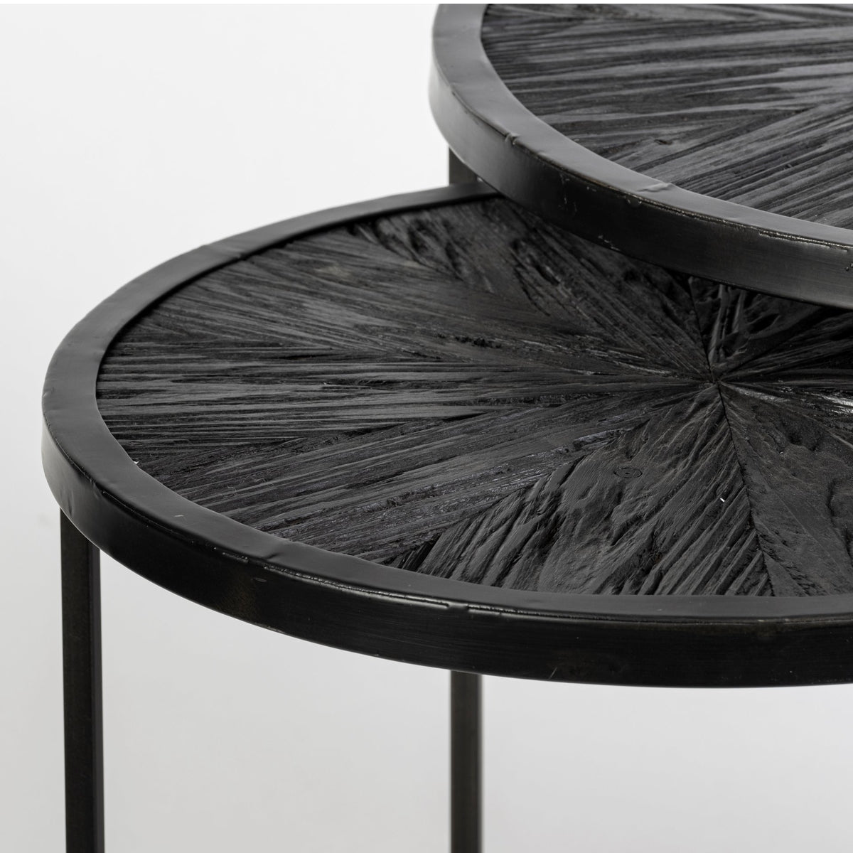 Chakra 19.7" Set of Two Round Dark Wood Top Black Frame Accent Tables-Accent Tables-DECOROLALA