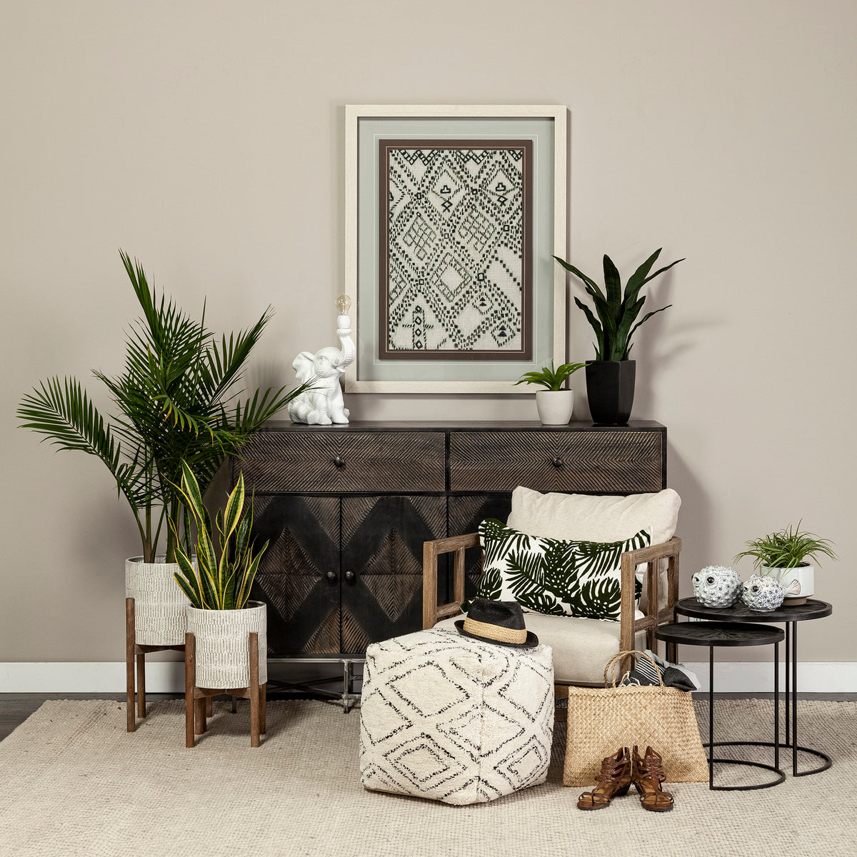 Chakra 19.7" Set of Two Round Dark Wood Top Black Frame Accent Tables-Accent Tables-DECOROLALA