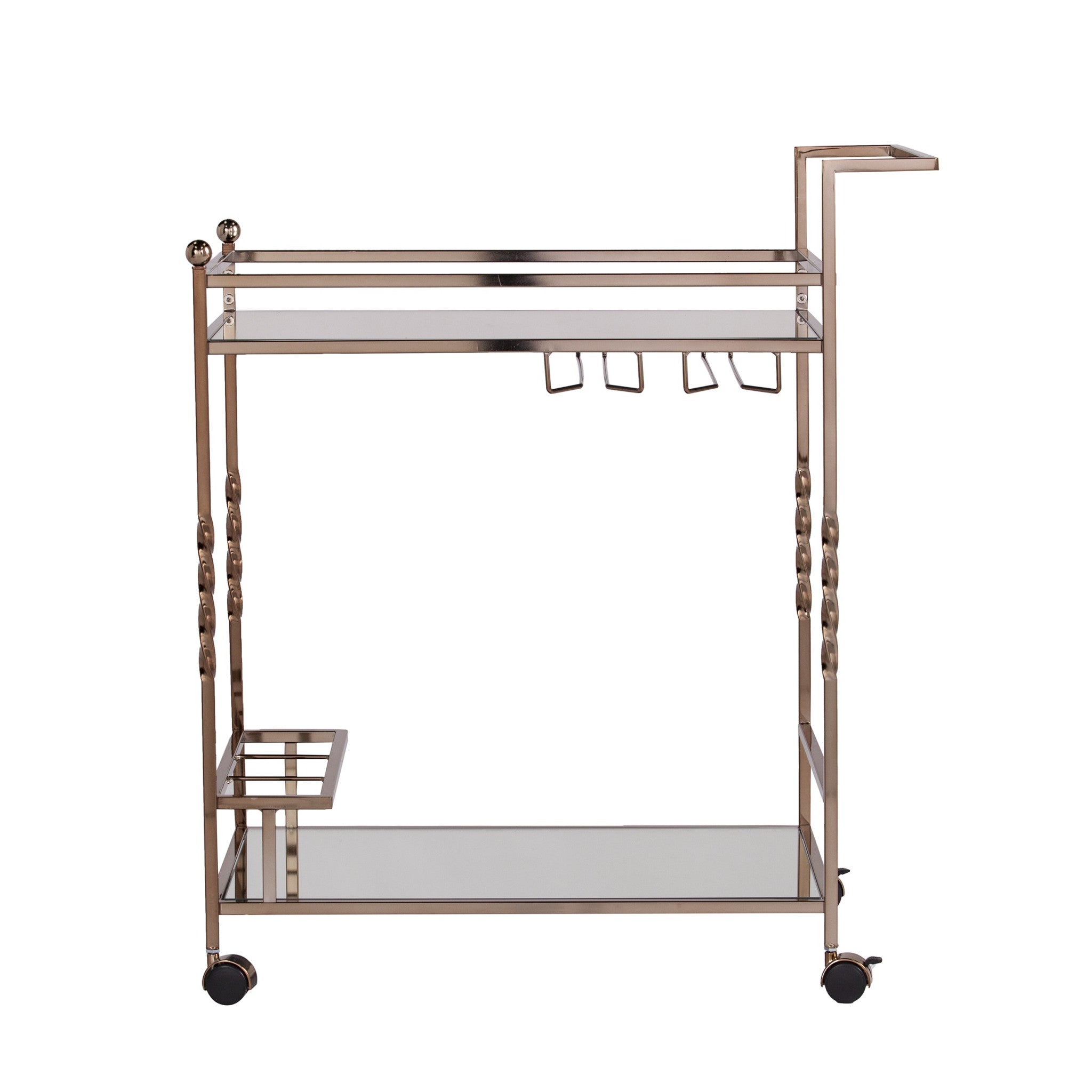 Champagne Metal And Mirrored Glass Rolling Bar Cart With Wine Storage-Bar Cart-DECOROLALA