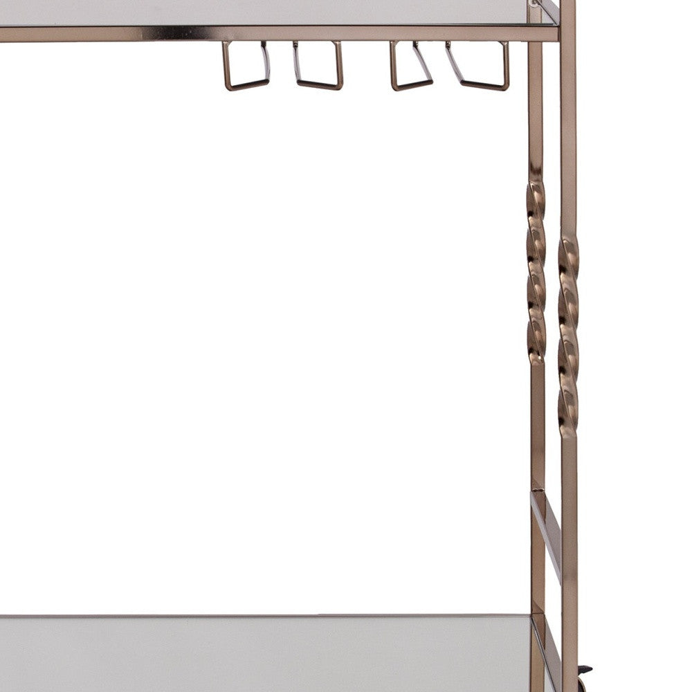 Champagne Metal And Mirrored Glass Rolling Bar Cart With Wine Storage-Bar Cart-DECOROLALA