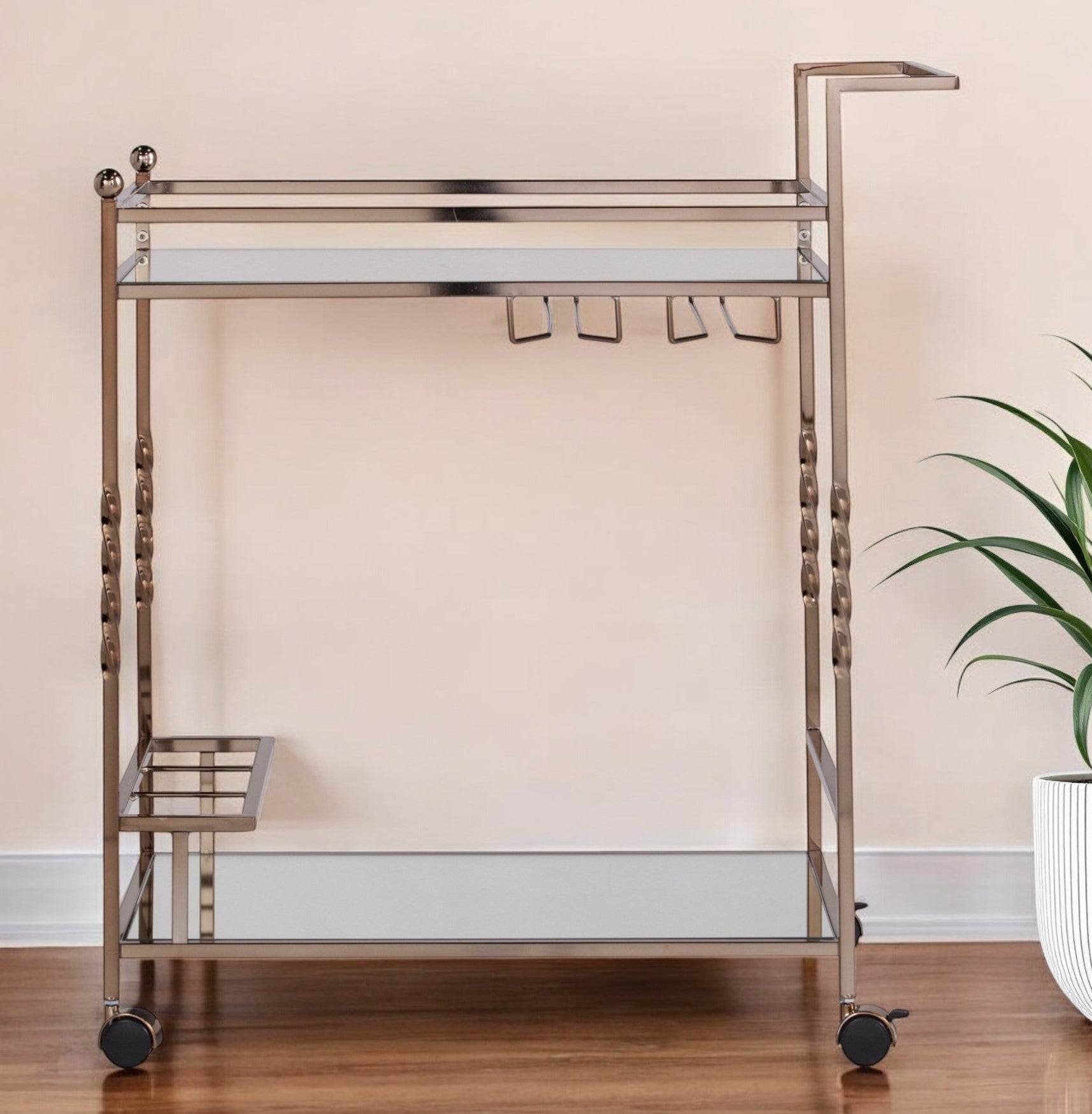 Champagne Metal And Mirrored Glass Rolling Bar Cart With Wine Storage-Bar Cart-DECOROLALA