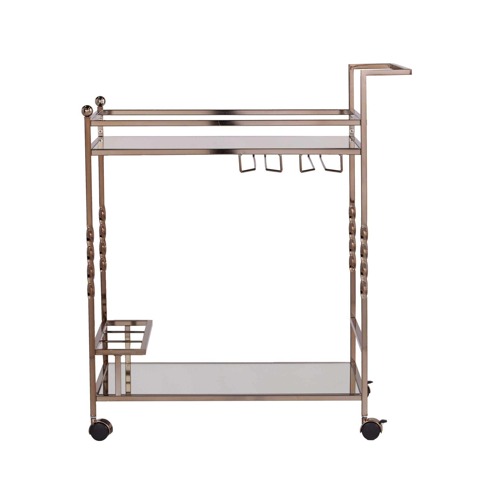 Champagne Metal And Mirrored Glass Rolling Bar Cart With Wine Storage-Bar Carts and Servers-DECOROLALA