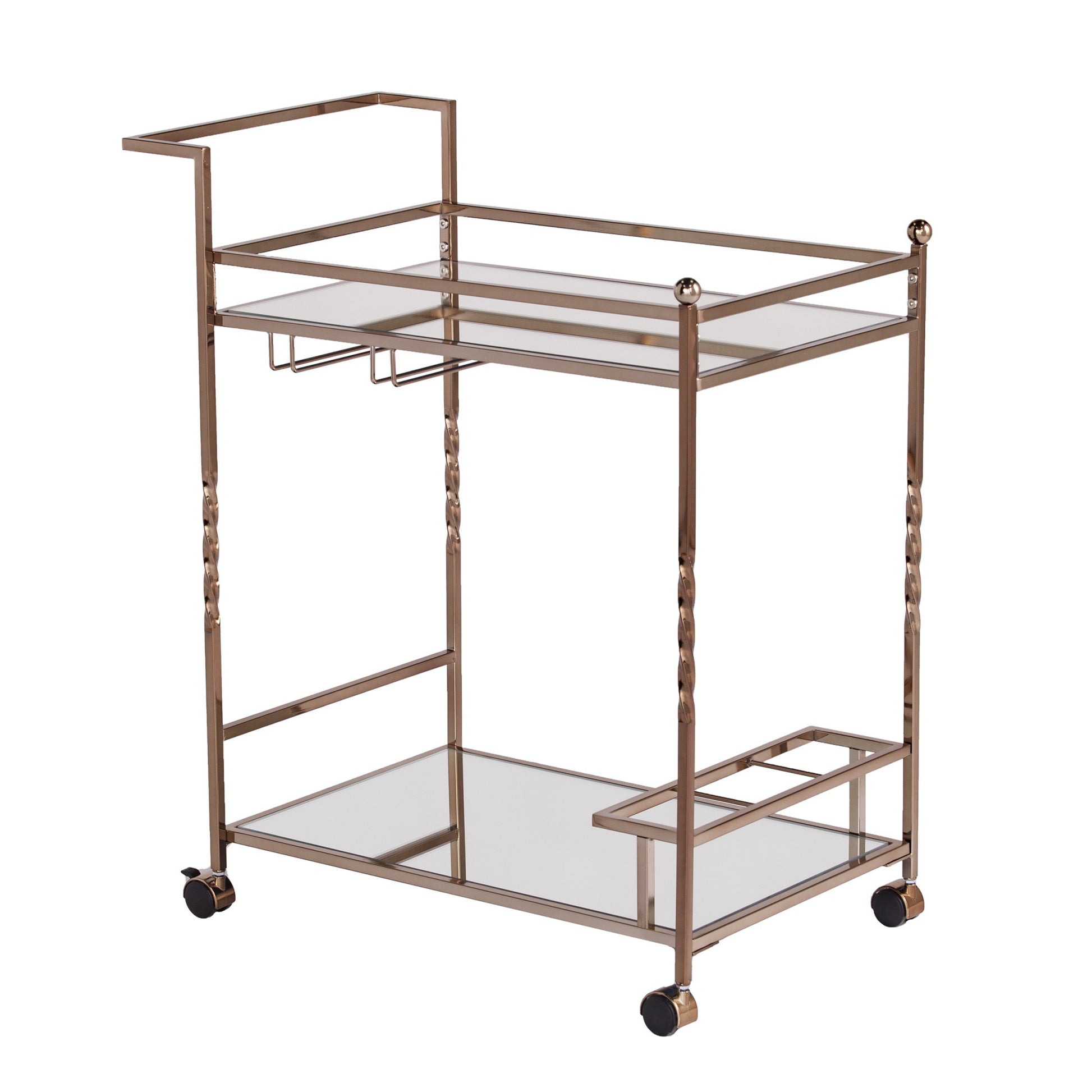Champagne Metal And Mirrored Glass Rolling Bar Cart With Wine Storage-Bar Carts and Servers-DECOROLALA