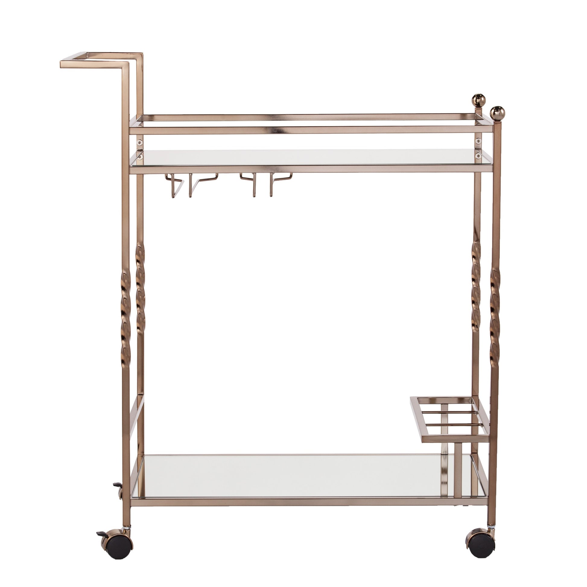 Champagne Metal And Mirrored Glass Rolling Bar Cart With Wine Storage-Bar Carts and Servers-DECOROLALA