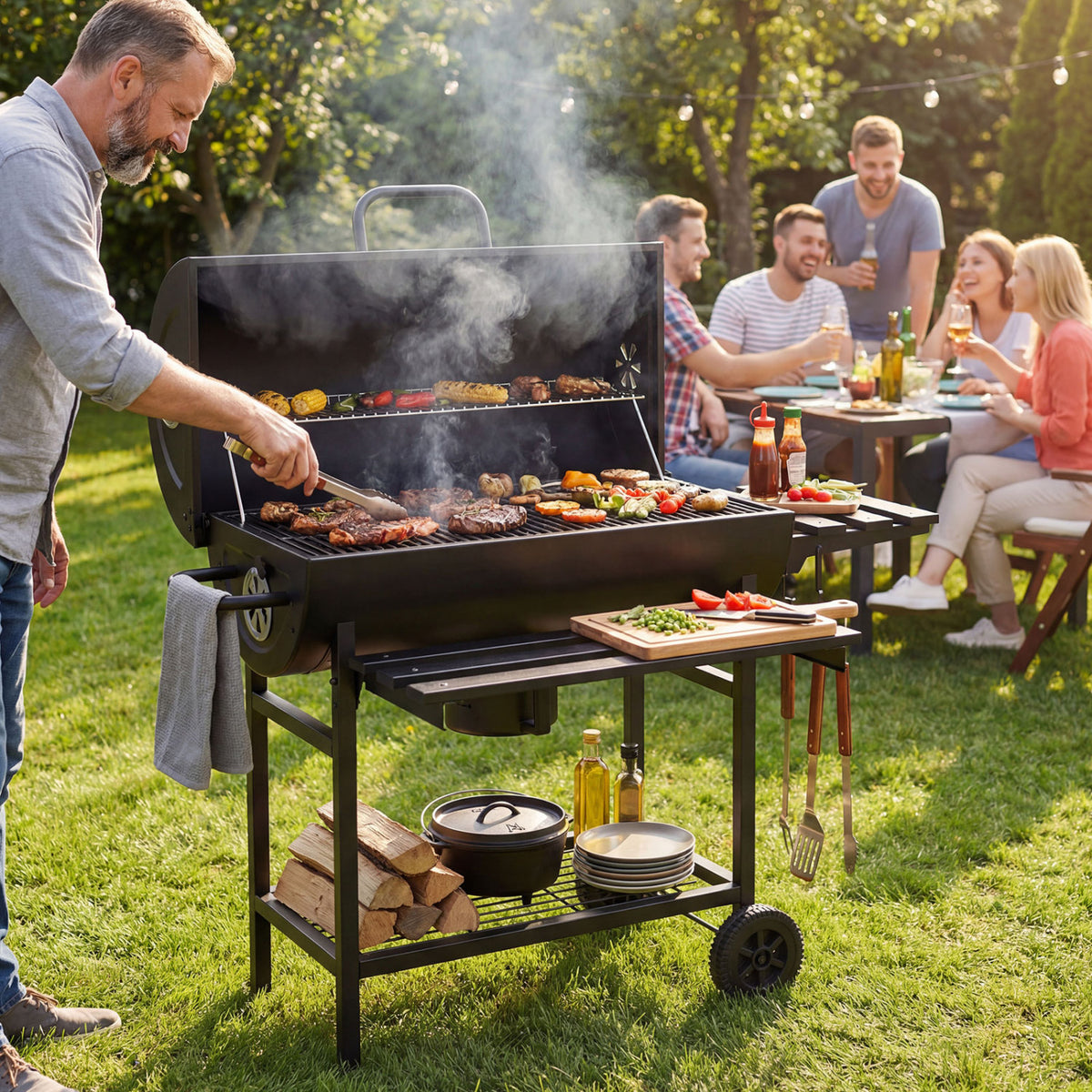 Charcoal BBQ Grill Outdoor Smoker Grill Combo with Thermometer-Black-Outdoor Grills-DECOROLALA