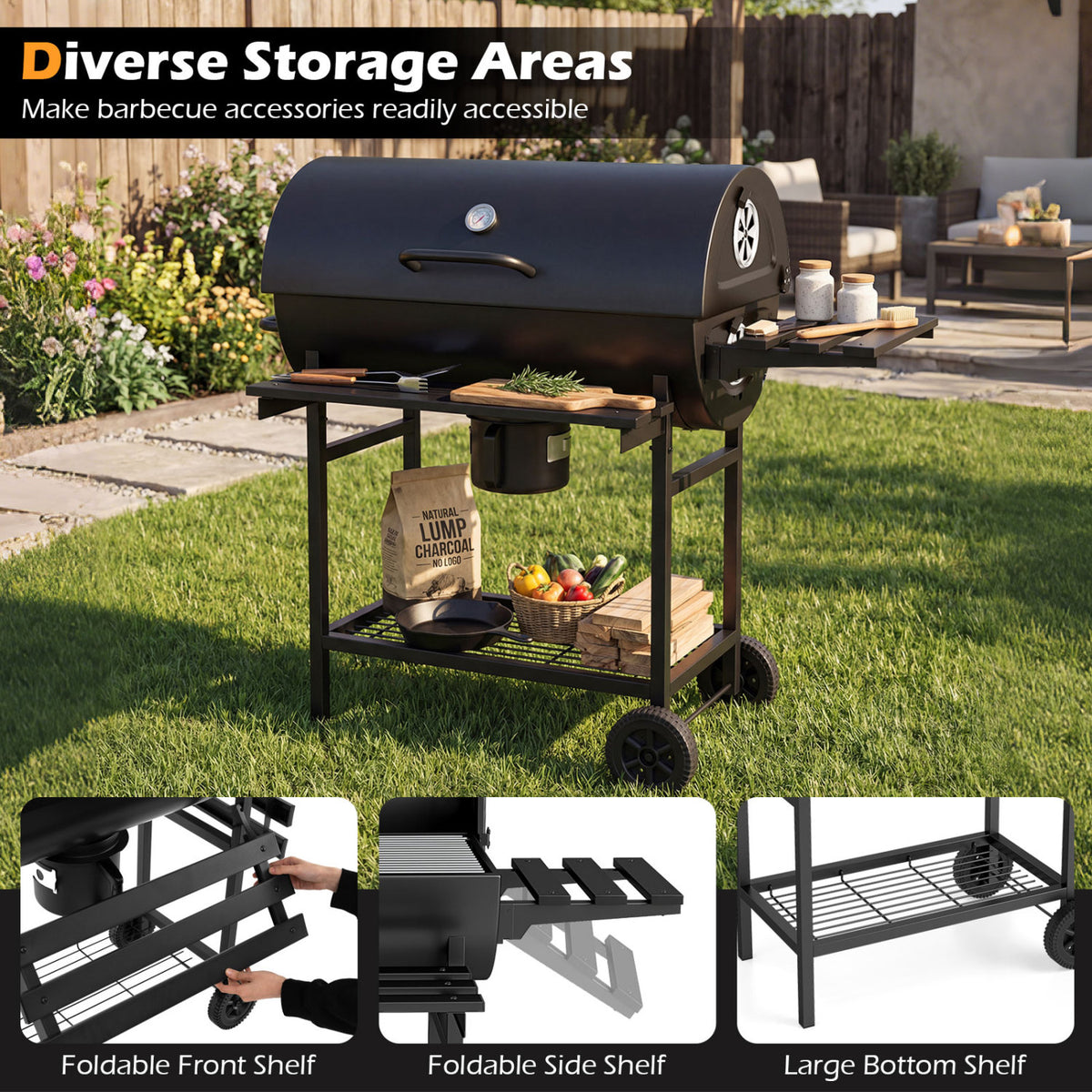 Charcoal BBQ Grill Outdoor Smoker Grill Combo with Thermometer-Black-Outdoor Grills-DECOROLALA
