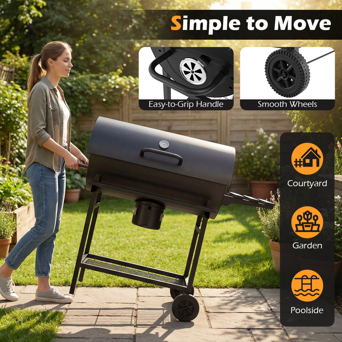 Charcoal BBQ Grill Outdoor Smoker Grill Combo with Thermometer-Black-Outdoor Grills-DECOROLALA