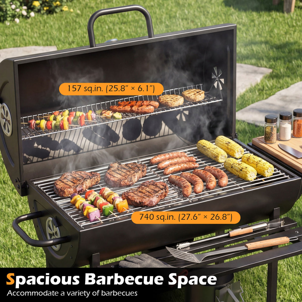 Charcoal BBQ Grill Outdoor Smoker Grill Combo with Thermometer-Black-Outdoor Grills-DECOROLALA