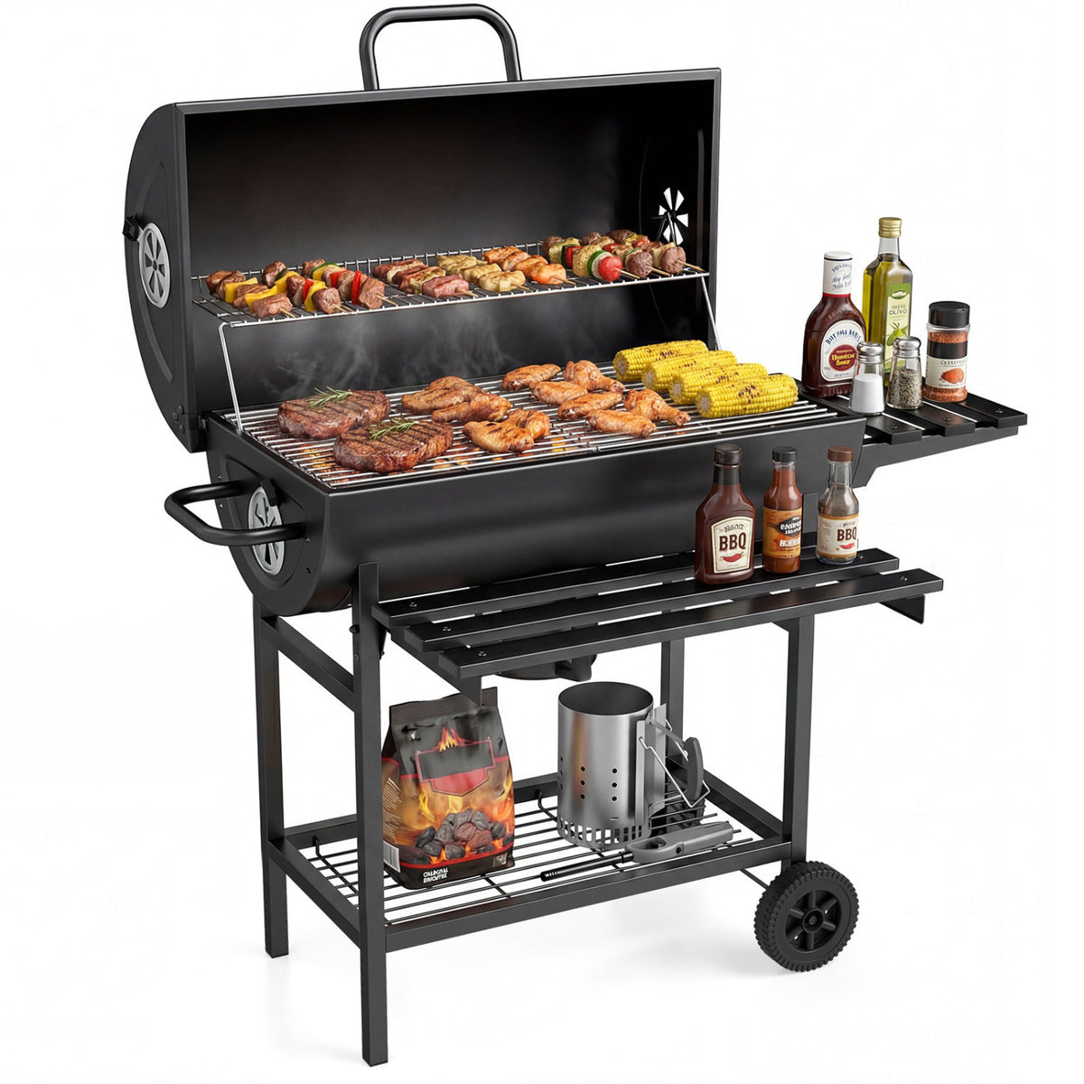 Charcoal BBQ Grill Outdoor Smoker Grill Combo with Thermometer-Black-Outdoor Grills-DECOROLALA