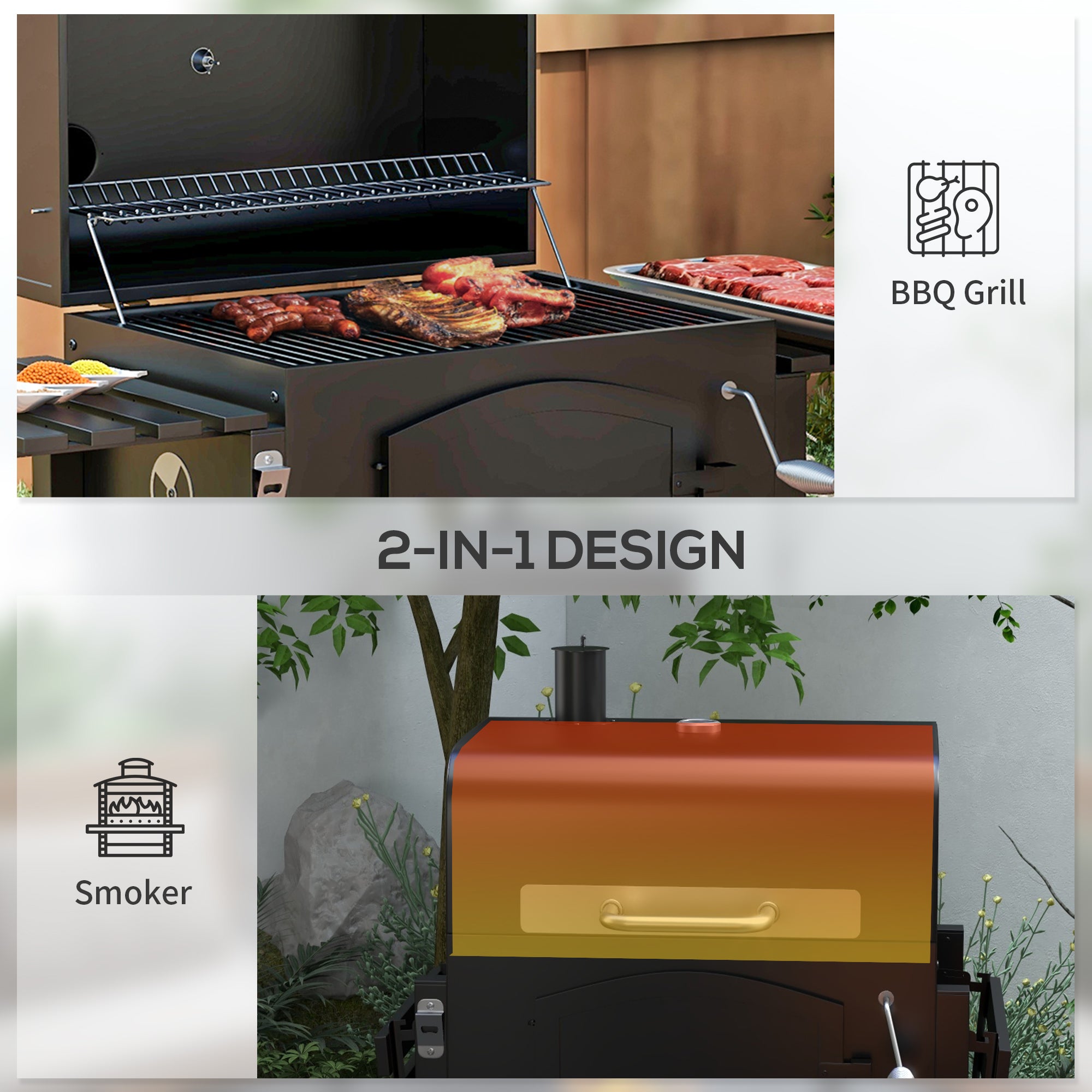 Charcoal Smoker - Black Steel with Folding Shelves-DECOROLALA
