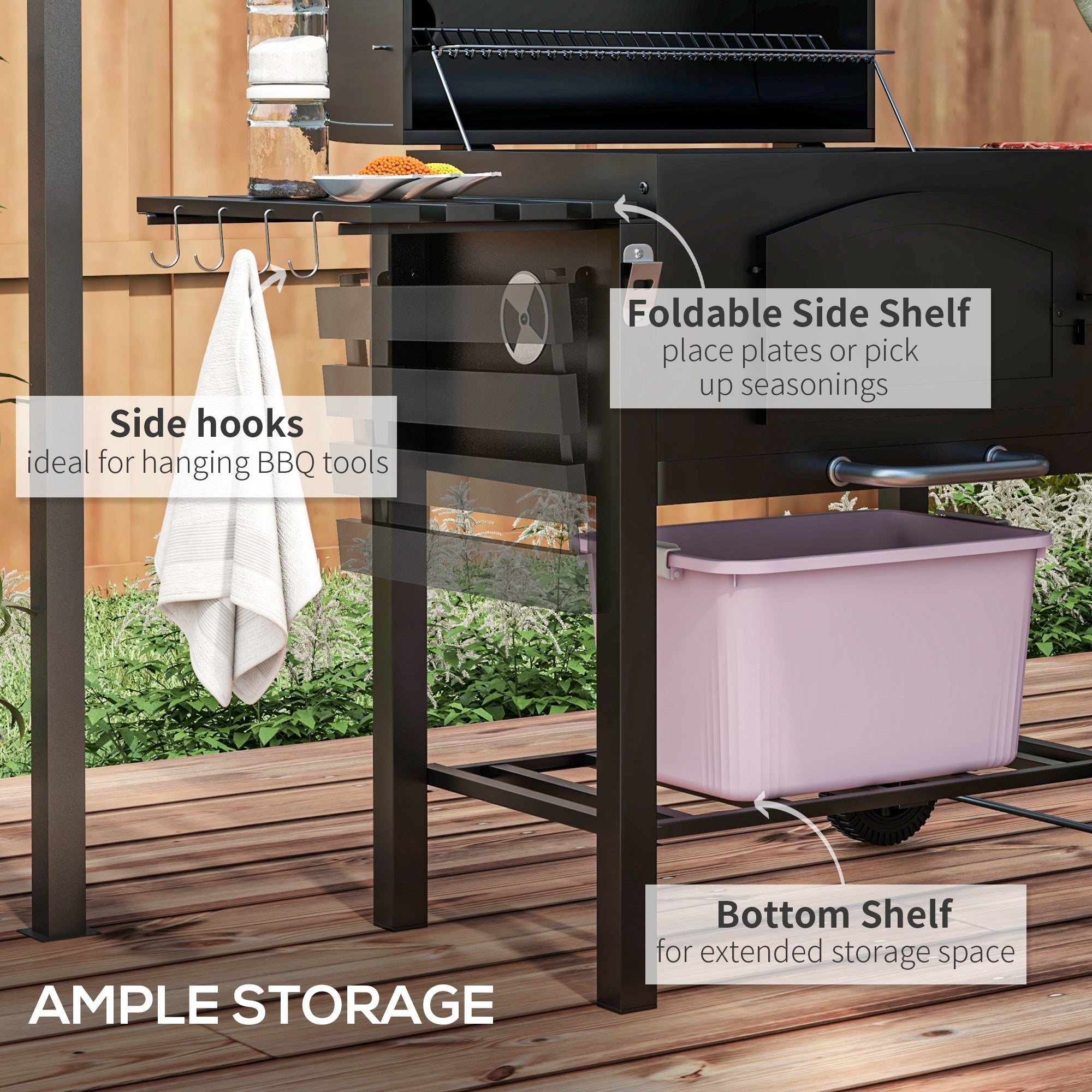 Charcoal Smoker - Black Steel with Folding Shelves-DECOROLALA