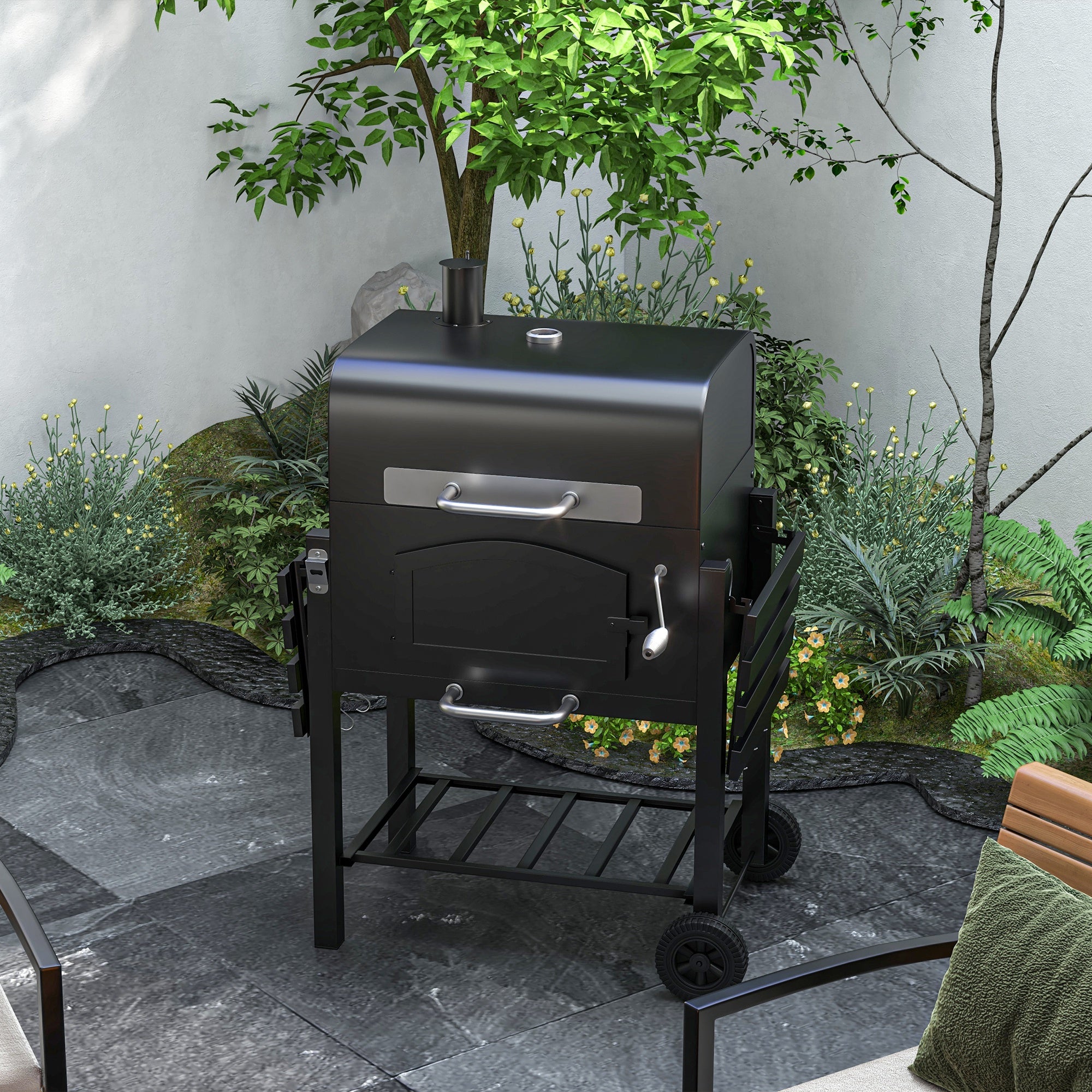 Charcoal Smoker - Black Steel with Folding Shelves-DECOROLALA