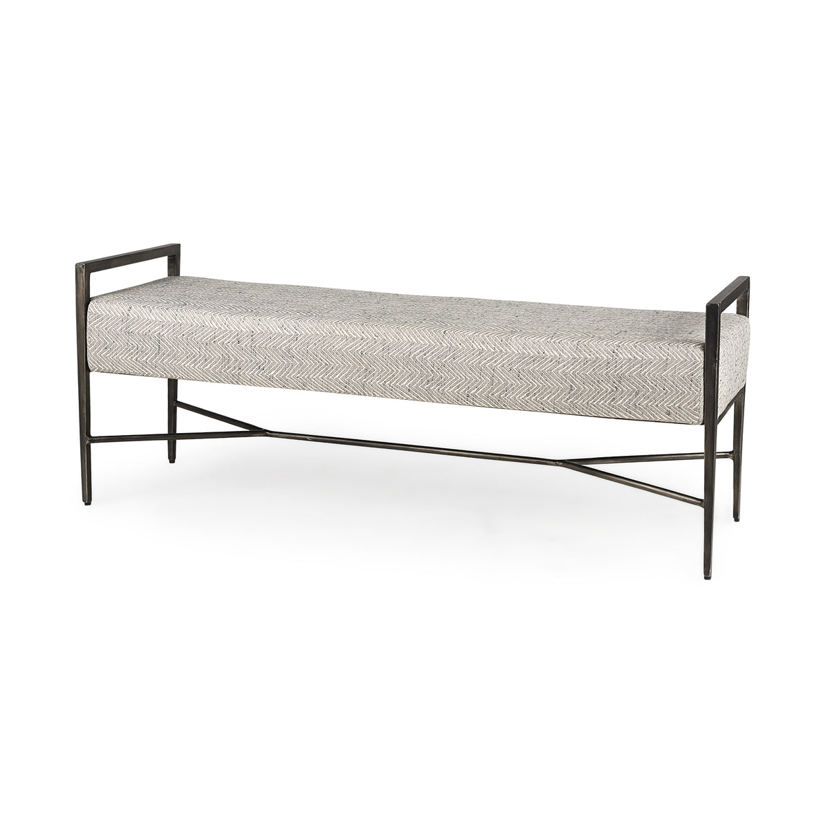 Charlotte 55.0L Gray Herringbone Fabric Seat w/ Antique Nickel Metal Frame Bench-Benches-DECOROLALA