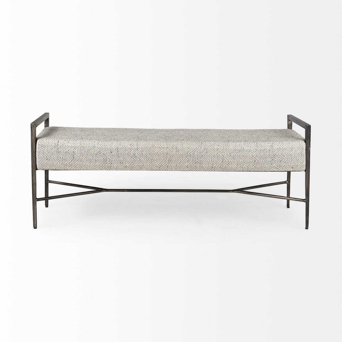 Charlotte 55.0L Gray Herringbone Fabric Seat w/ Antique Nickel Metal Frame Bench-Benches-DECOROLALA