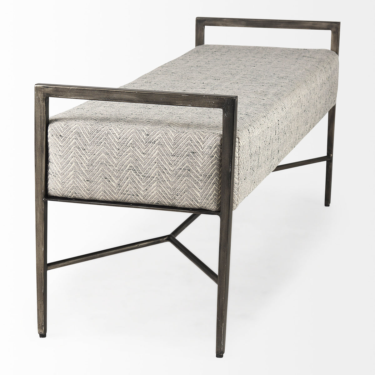 Charlotte 55.0L Gray Herringbone Fabric Seat w/ Antique Nickel Metal Frame Bench-Benches-DECOROLALA