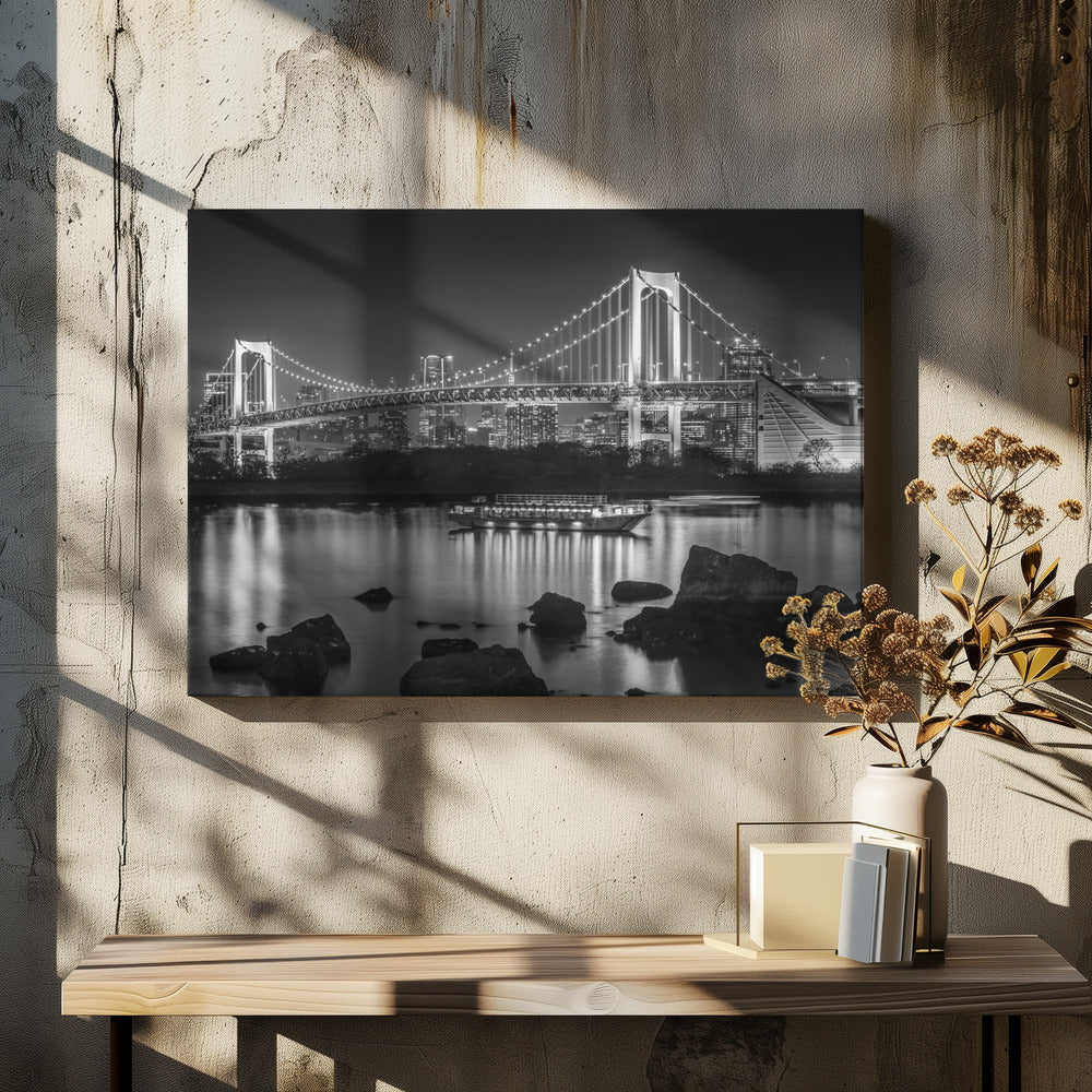 Charming Rainbow Bridge with Tokyo Skyline in the evening - monochrome panorama-canvas-DECOROLALA