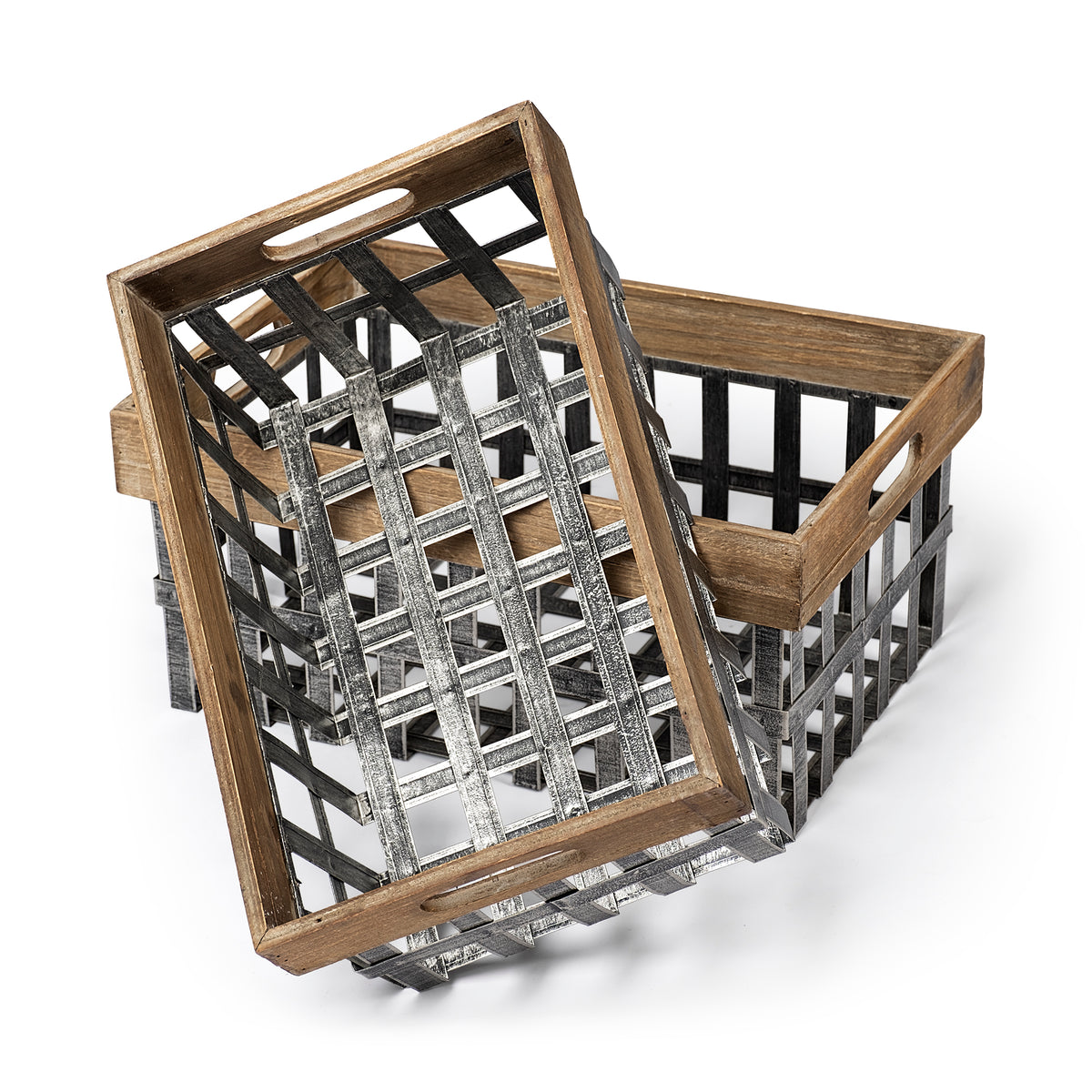 Chartrand Set of 2 Wood & Metal Open Crate Baskets-Decorative Baskets-DECOROLALA