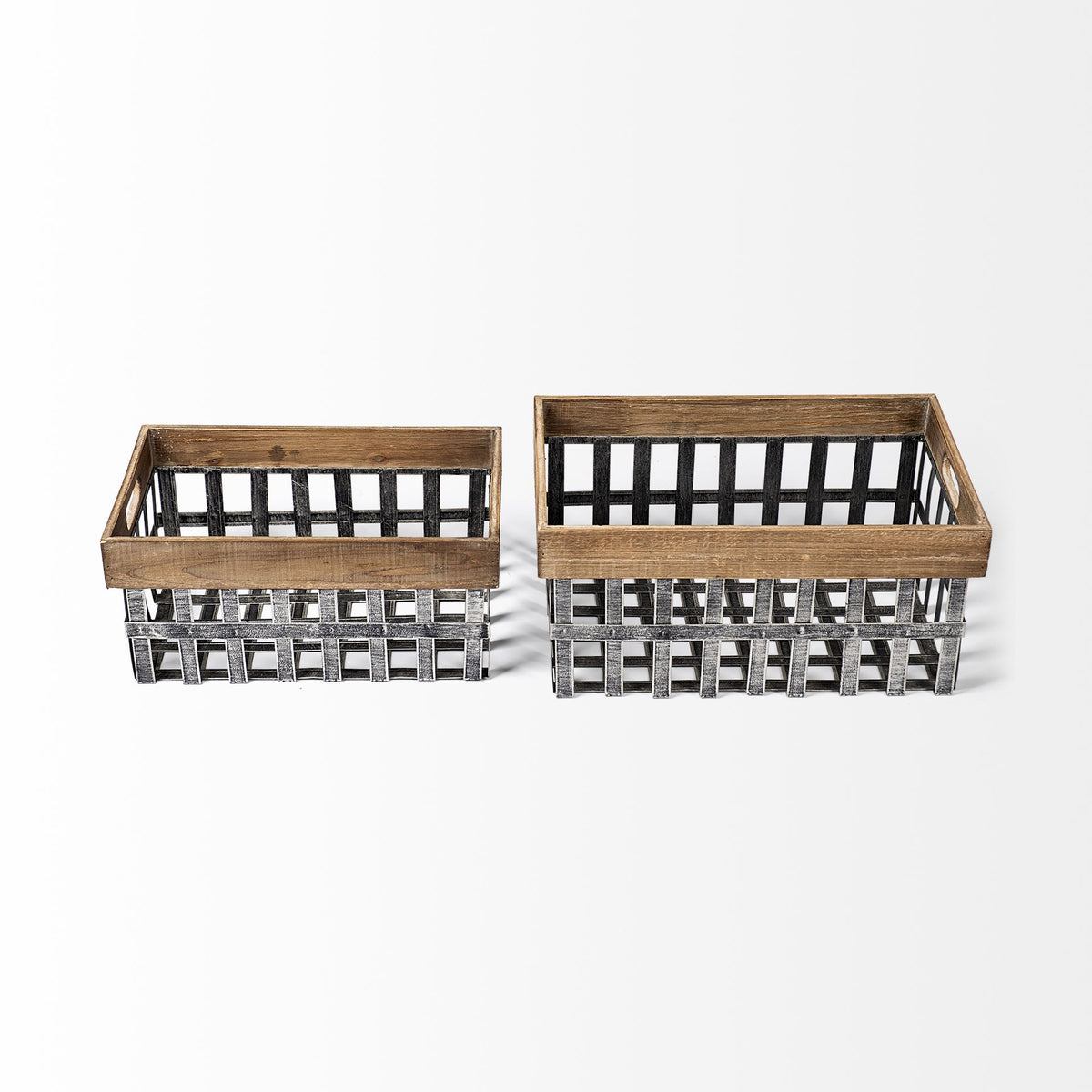 Chartrand Set of 2 Wood & Metal Open Crate Baskets-Decorative Baskets-DECOROLALA