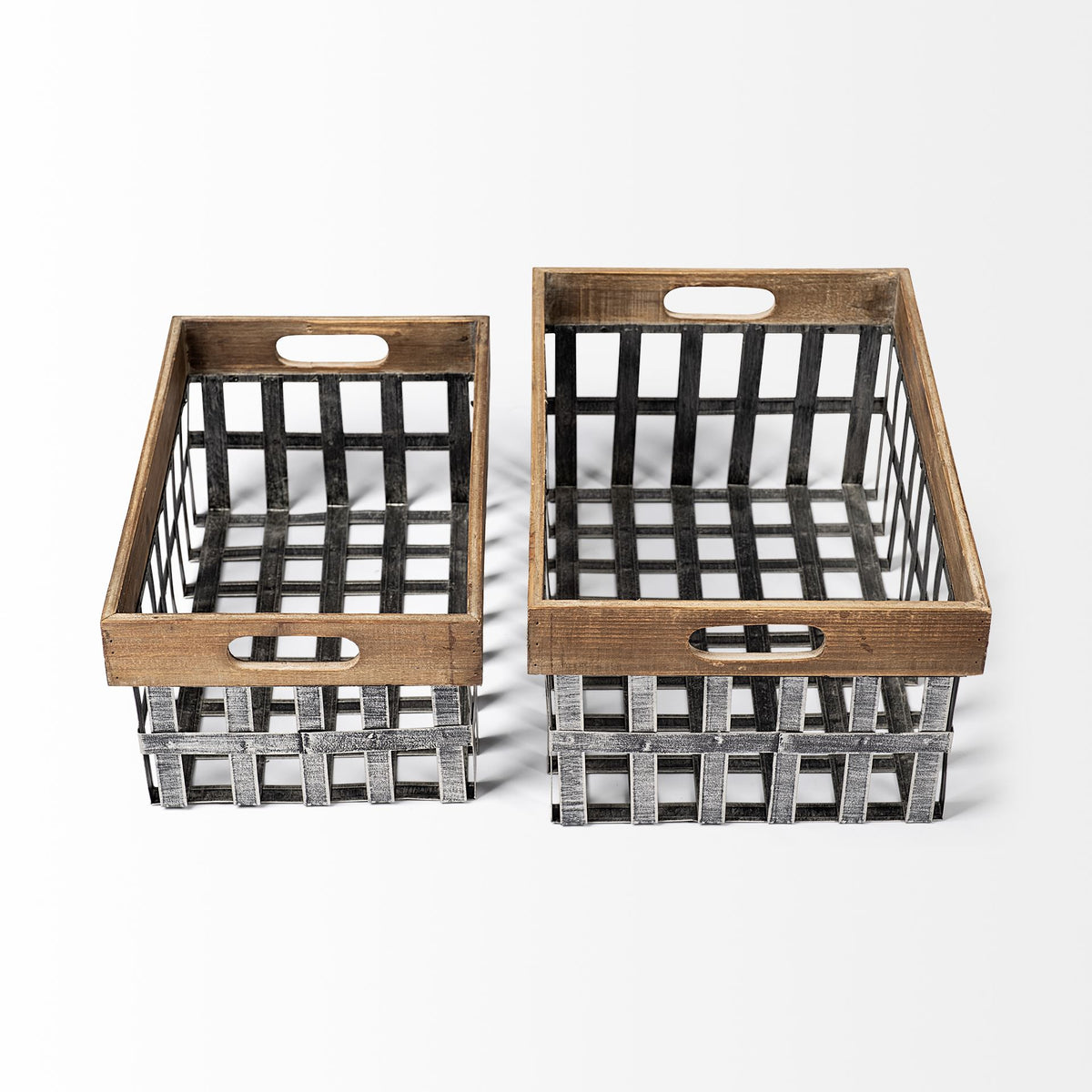 Chartrand Set of 2 Wood & Metal Open Crate Baskets-Decorative Baskets-DECOROLALA