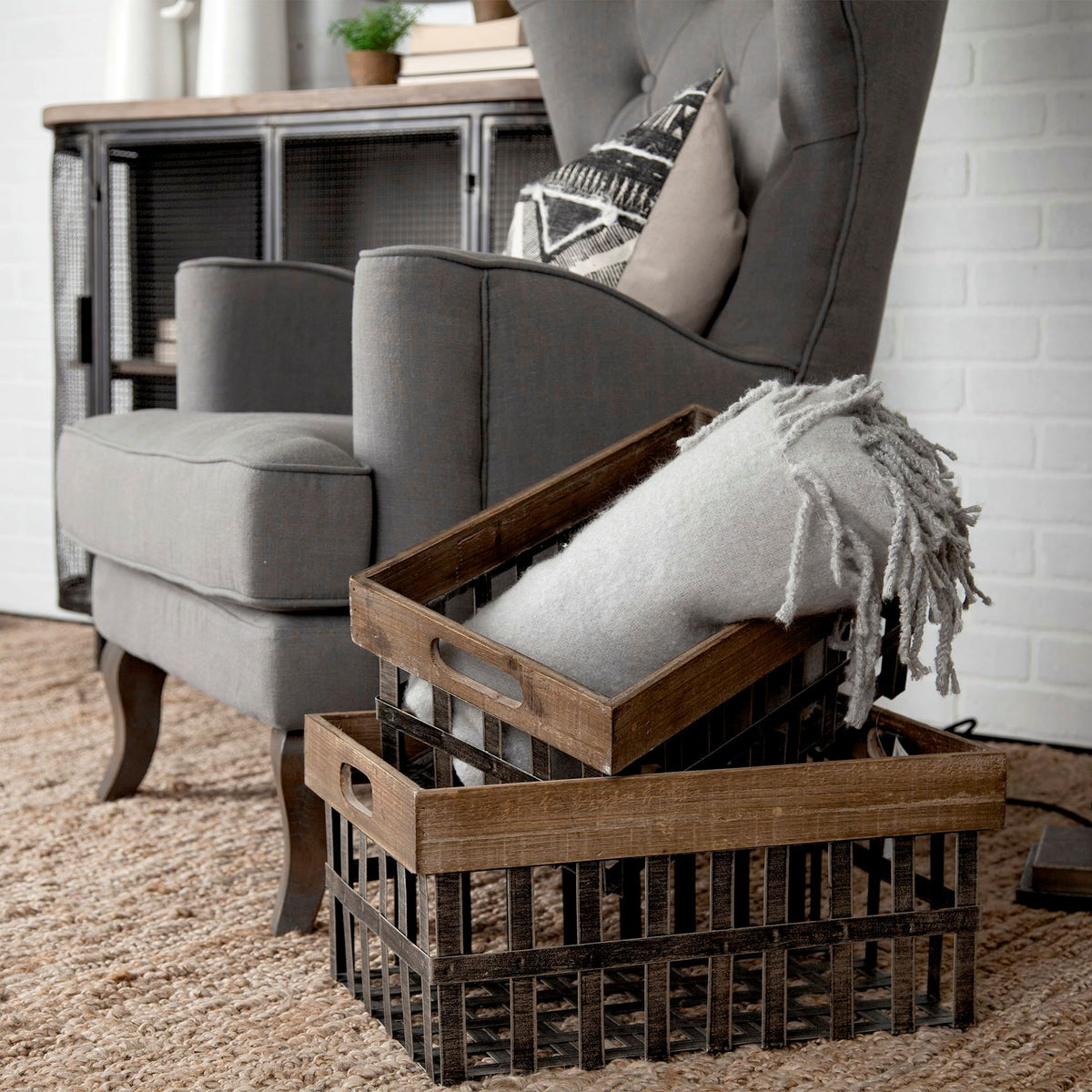 Chartrand Set of 2 Wood & Metal Open Crate Baskets-Decorative Baskets-DECOROLALA