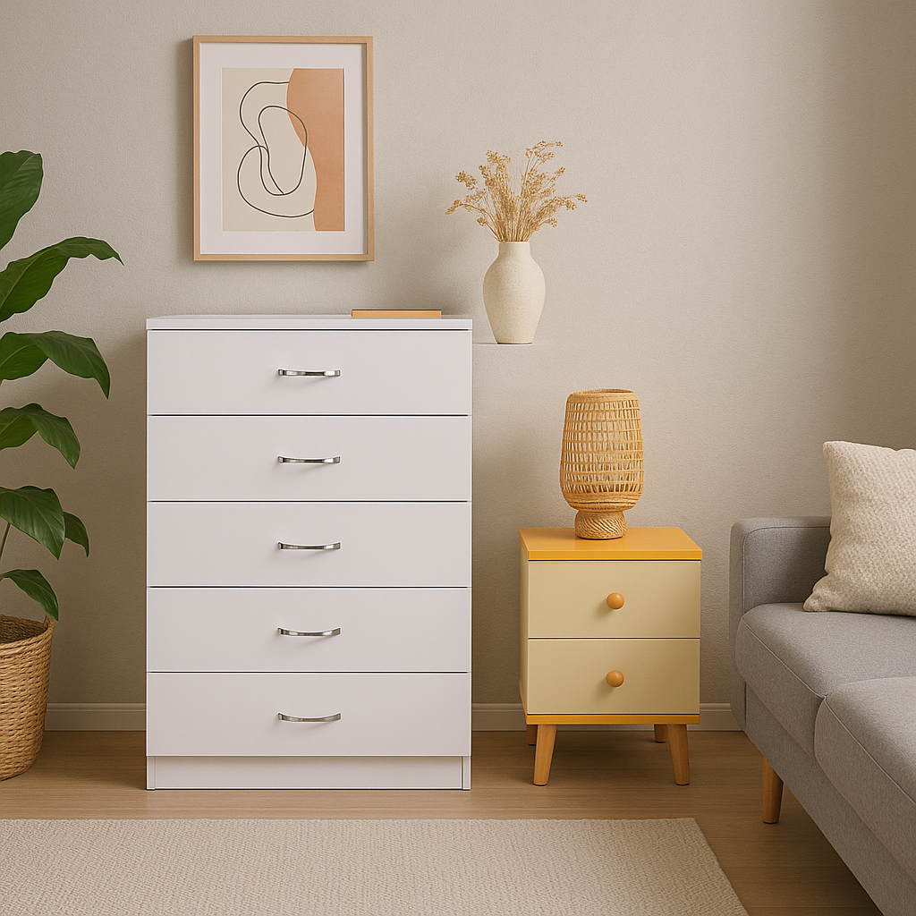 5 Layer White Drawer Chest Storage with Bedside Table-2