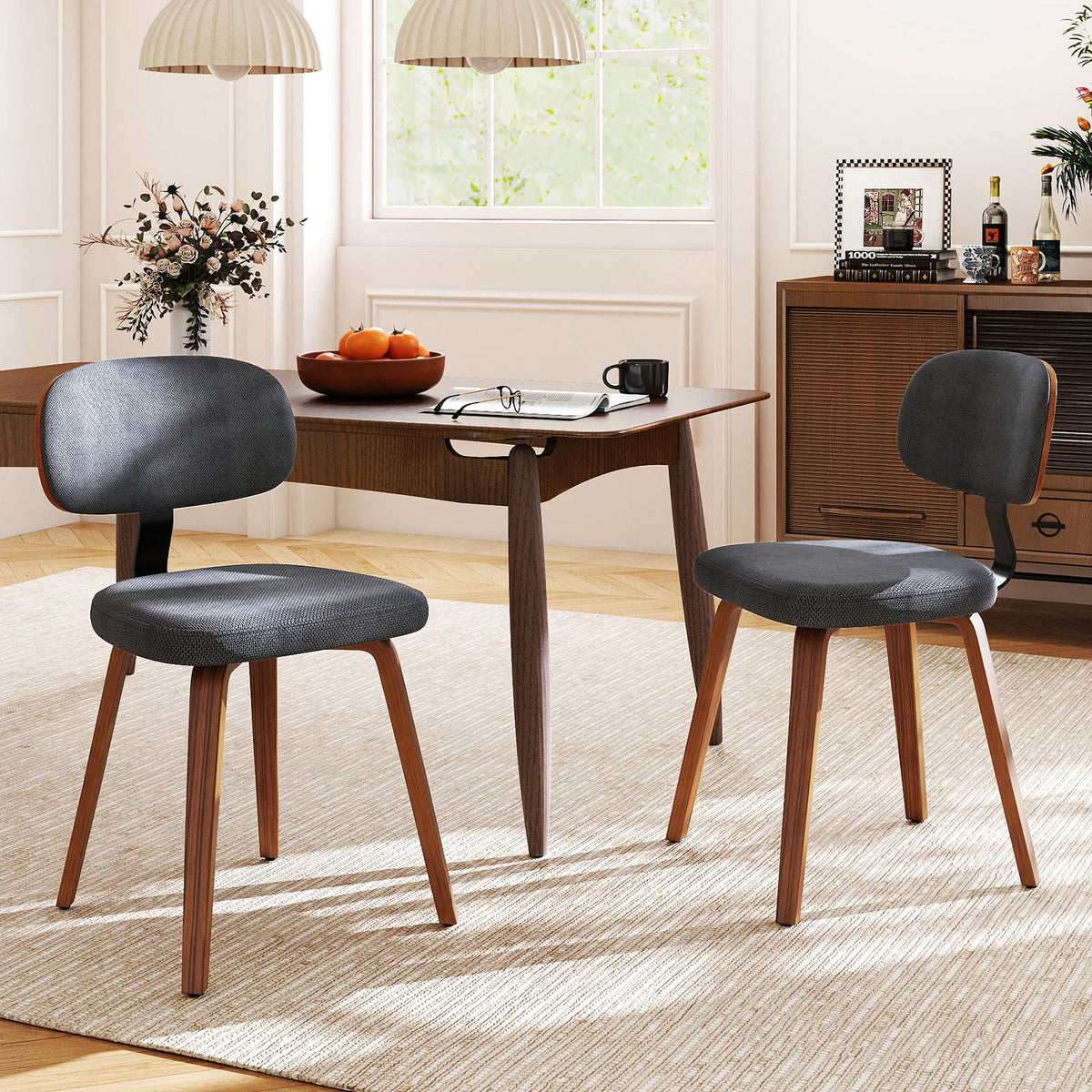 Chenille Fabric Upholstered Wooden Kitchen Chairs Set of 2-Dark Gray-Dining Chairs-DECOROLALA