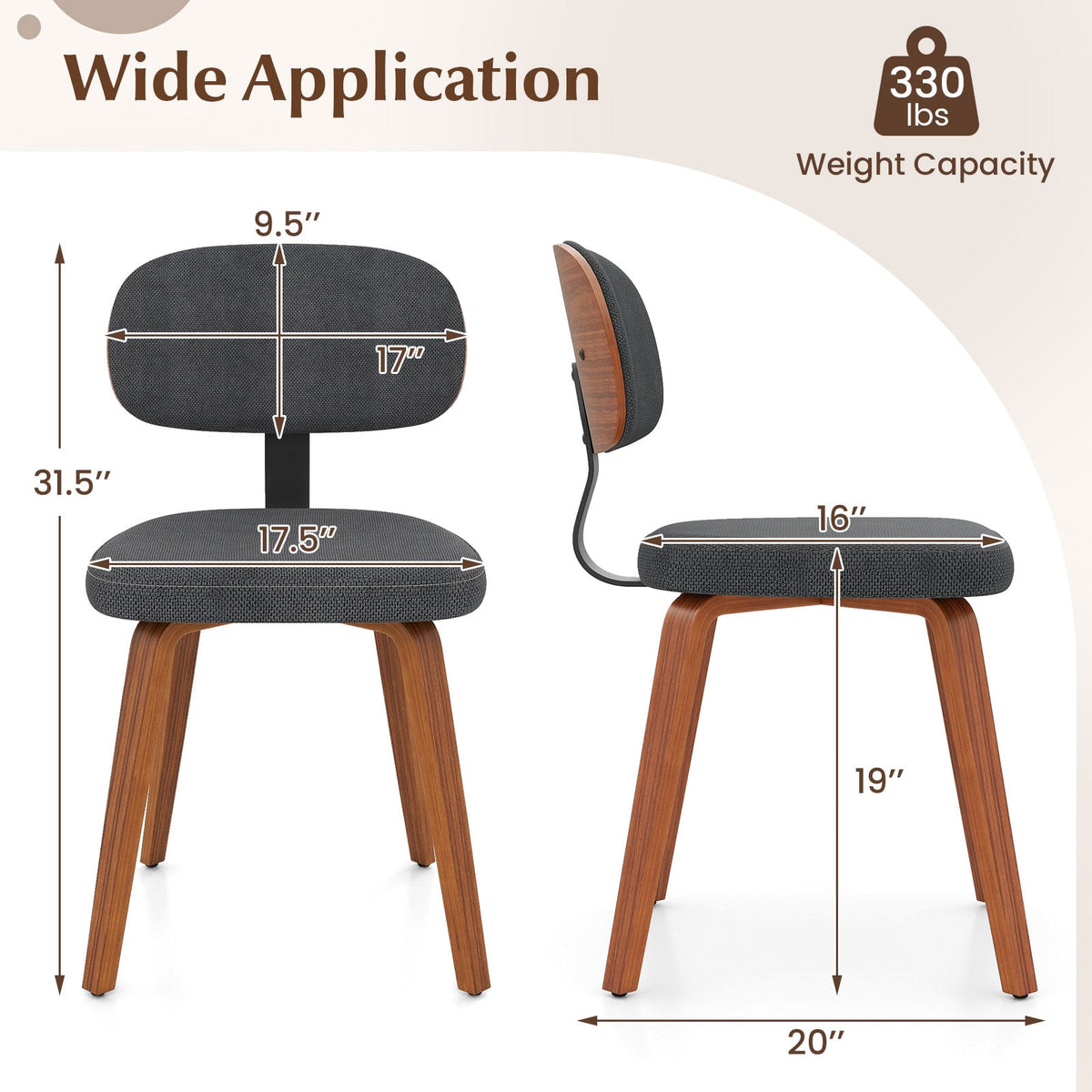Chenille Fabric Upholstered Wooden Kitchen Chairs Set of 2-Dark Gray-Dining Chairs-DECOROLALA
