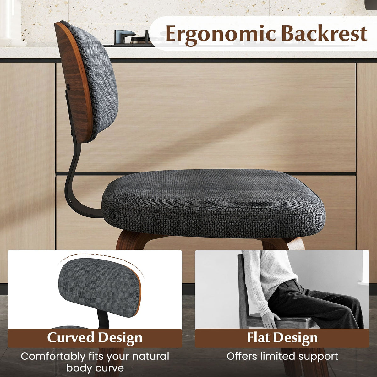 Chenille Fabric Upholstered Wooden Kitchen Chairs Set of 2-Dark Gray-Dining Chairs-DECOROLALA