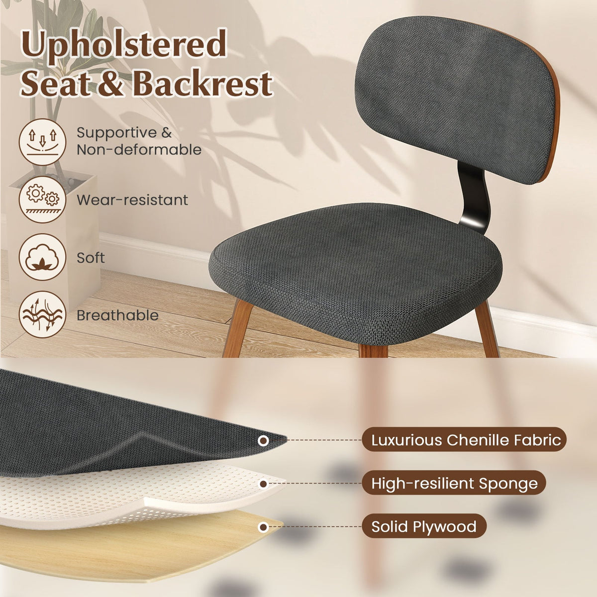 Chenille Fabric Upholstered Wooden Kitchen Chairs Set of 2-Dark Gray-Dining Chairs-DECOROLALA