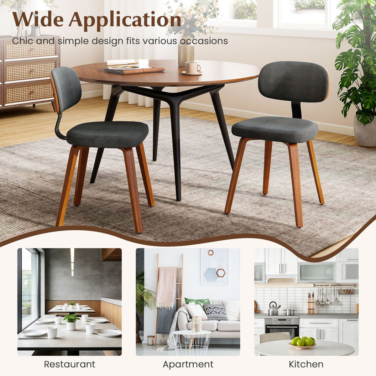 Chenille Fabric Upholstered Wooden Kitchen Chairs Set of 2-Dark Gray-Dining Chairs-DECOROLALA