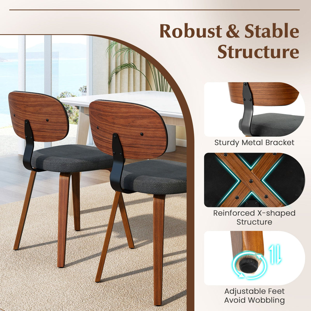 Chenille Fabric Upholstered Wooden Kitchen Chairs Set of 2-Dark Gray-Dining Chairs-DECOROLALA