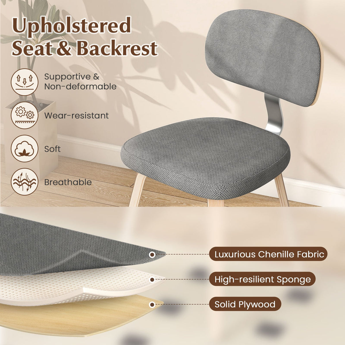 Chenille Fabric Upholstered Wooden Kitchen Chairs Set of 2-Gray-Dining Chairs-DECOROLALA