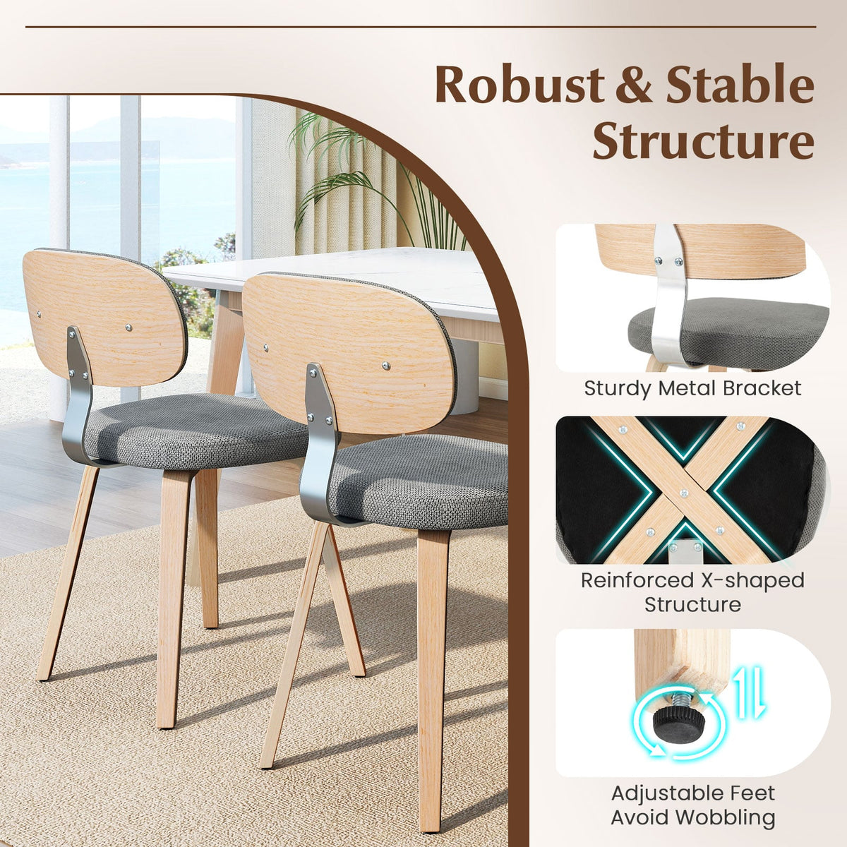 Chenille Fabric Upholstered Wooden Kitchen Chairs Set of 2-Gray-Dining Chairs-DECOROLALA