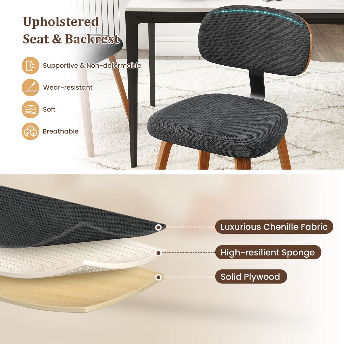 Chenille Fabric Upholstered Wooden Kitchen Chairs Set of 4-Dark Gray-Dining Chairs-DECOROLALA