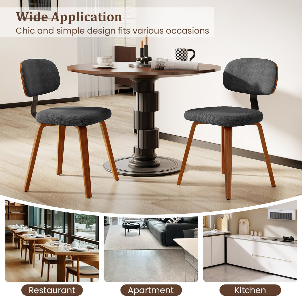 Chenille Fabric Upholstered Wooden Kitchen Chairs Set of 4-Dark Gray-Dining Chairs-DECOROLALA