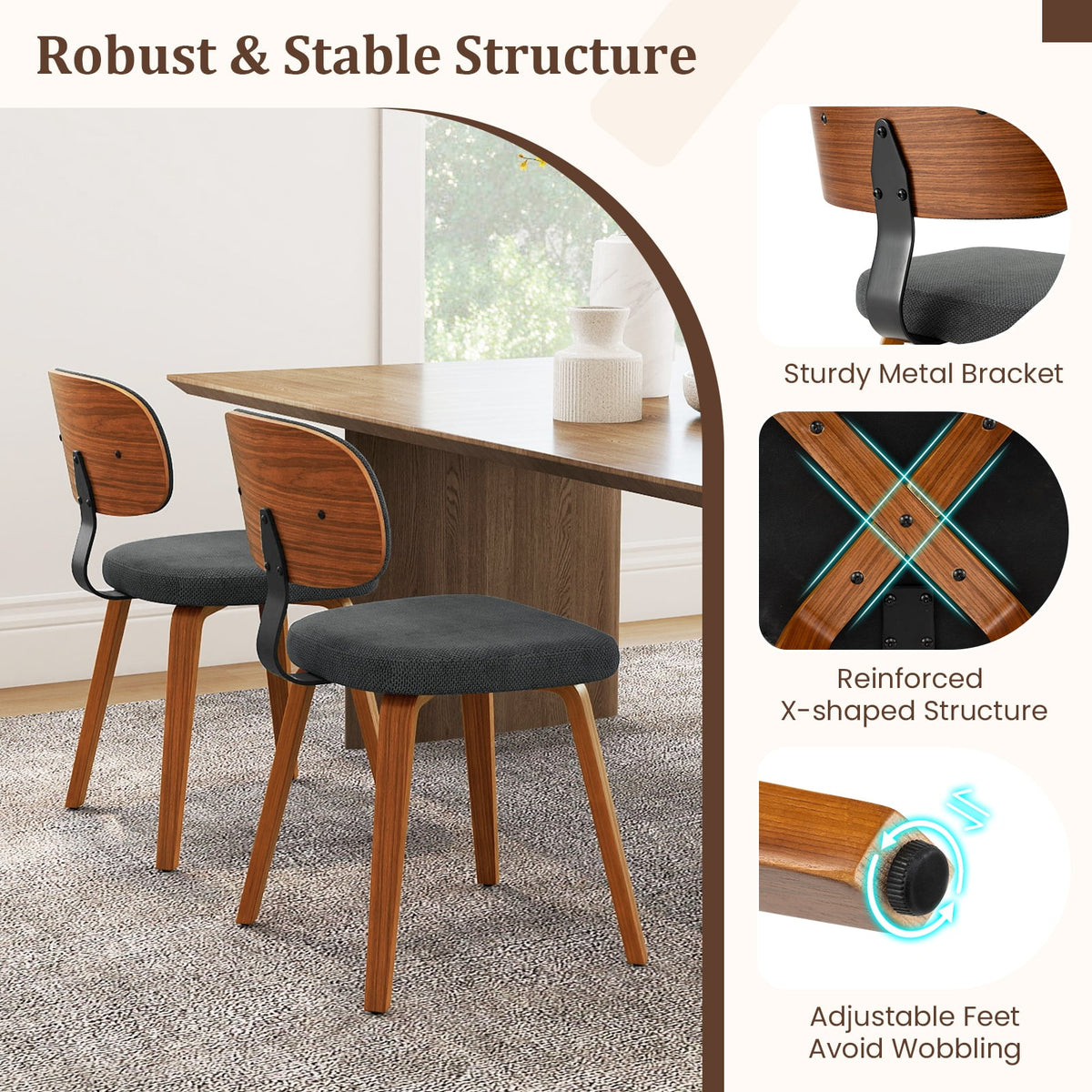 Chenille Fabric Upholstered Wooden Kitchen Chairs Set of 4-Dark Gray-Dining Chairs-DECOROLALA