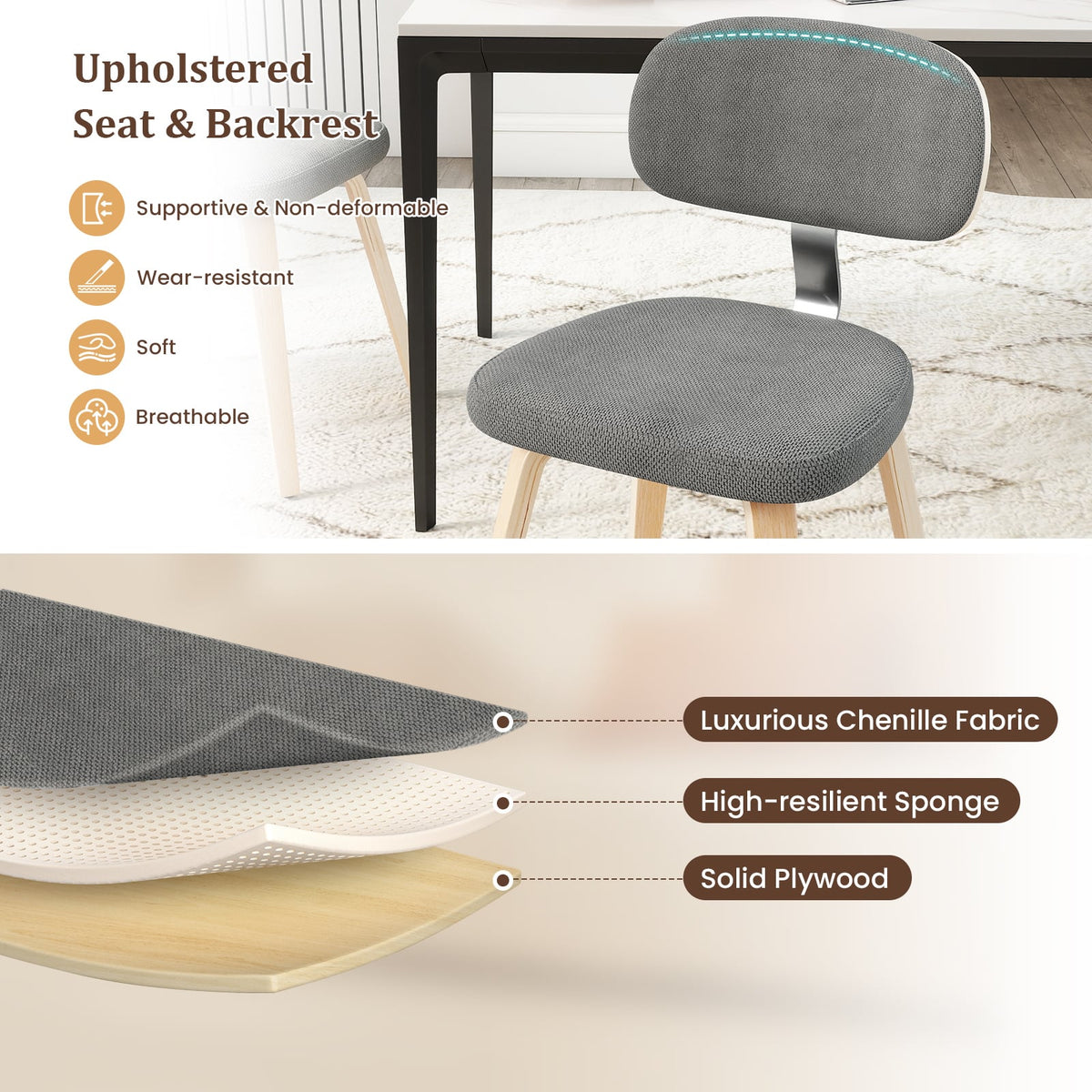 Chenille Fabric Upholstered Wooden Kitchen Chairs Set of 4-Gray-Dining Chairs-DECOROLALA