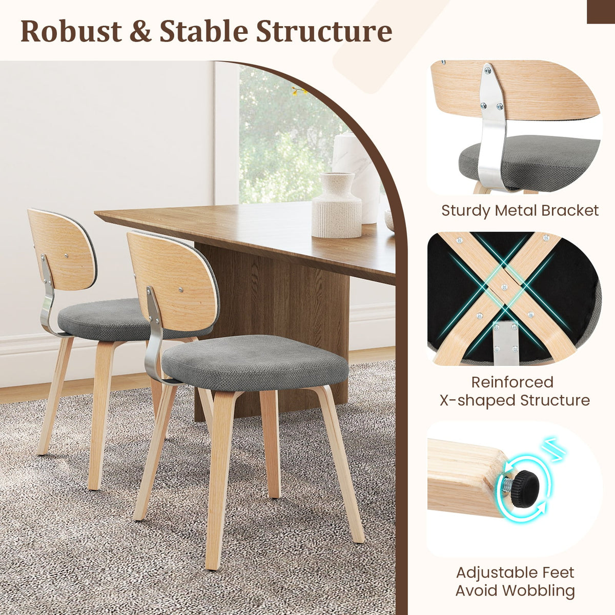 Chenille Fabric Upholstered Wooden Kitchen Chairs Set of 4-Gray-Dining Chairs-DECOROLALA