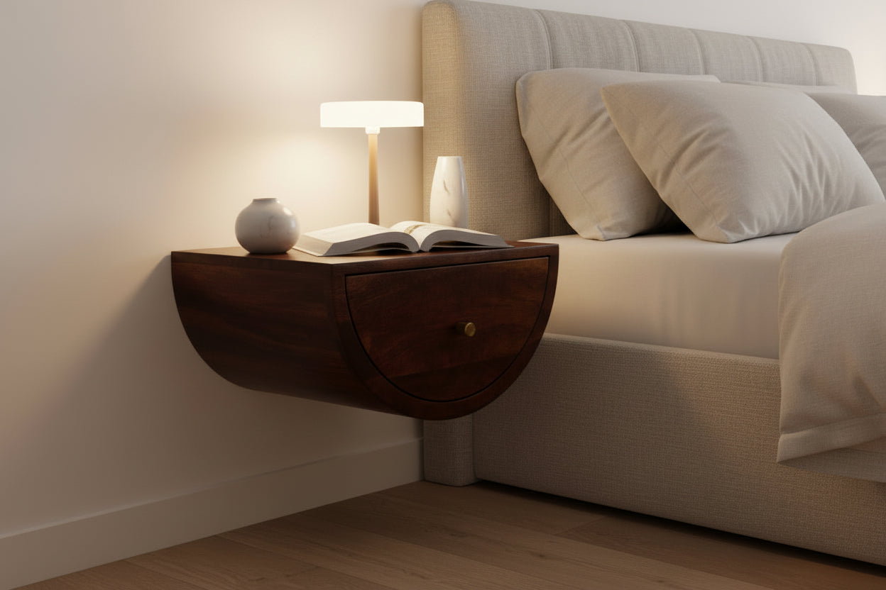 Chestnut Crescent Floating Nightstand - Solid Mango Wood 1 Drawer-Nightstand-DECOROLALA