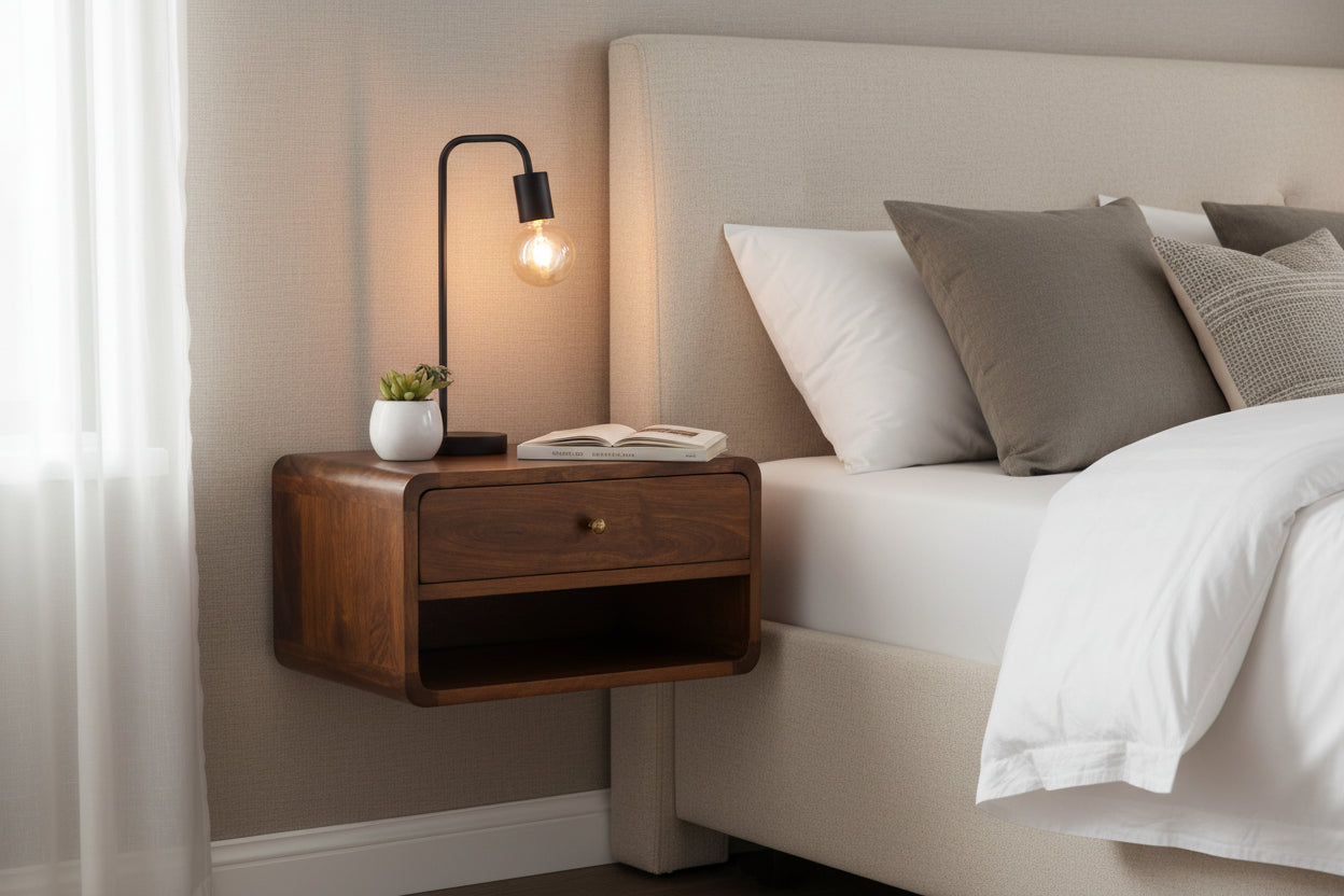 Chestnut Curve Floating Nightstand - Solid Mango Wood 1 Drawer-Nightstand-DECOROLALA