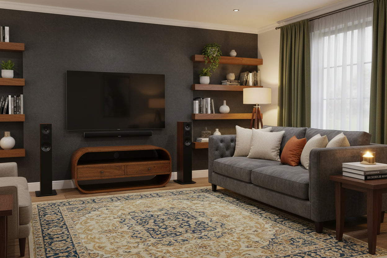 Chestnut Curved Mango Wood Media Unit with 2 Drawers-Media unit-DECOROLALA