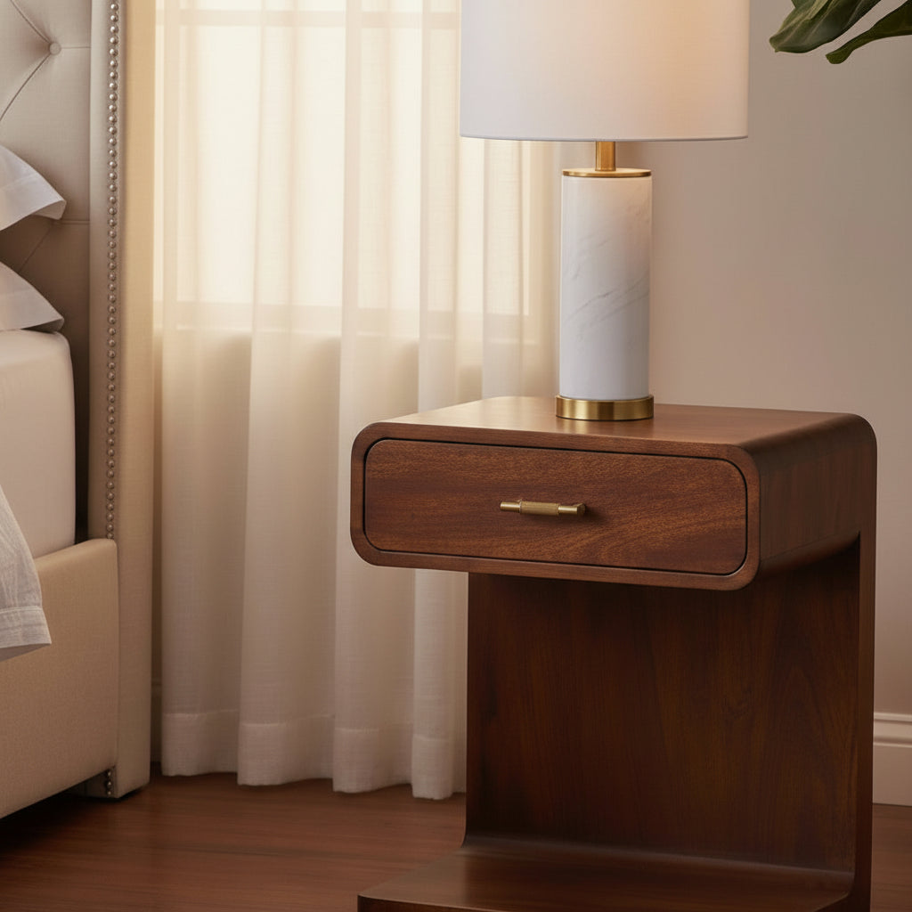 Chestnut Rounded Bedside Table - Solid Mango Wood with T-Bar Handle-Nightstand-DECOROLALA