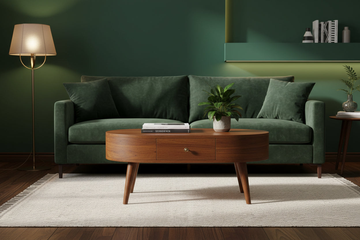 Chestnut Rounded Coffee Table - Solid Mango Wood with Drawer-Coffee Table-DECOROLALA
