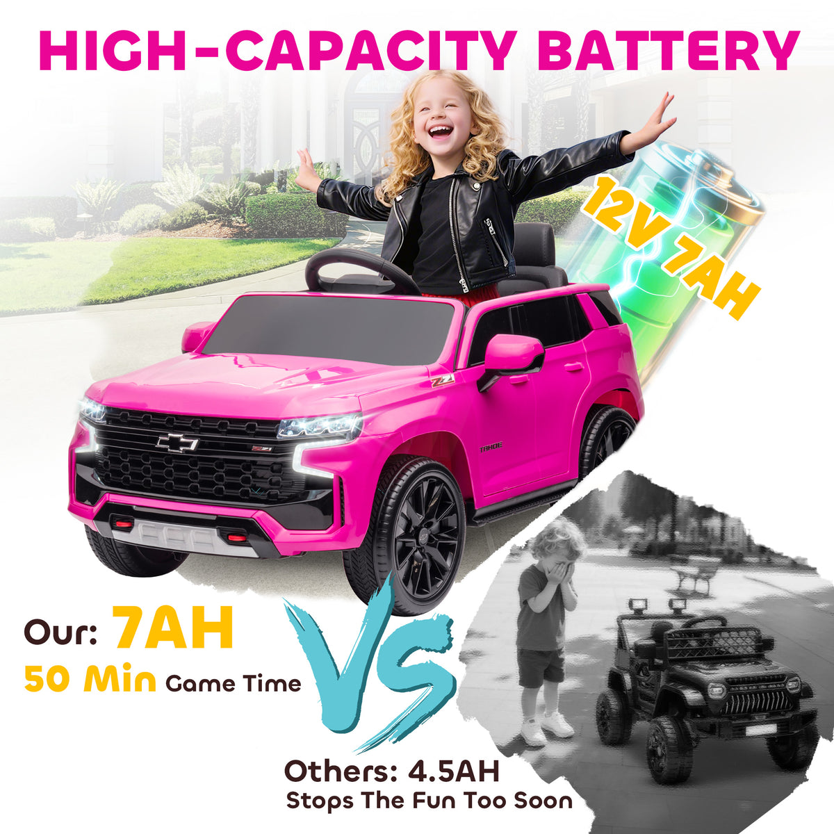 Licensed Chevrolet Tahoe Kids Ride on Car, 12V 7AH Toddler Electric Car with Parent Remote Control, 3 Speeds, Spring Suspension, LED Light, Horn, Music, Pink-Toys & Games > Baby & Toddler Toys > Electric Ride-On Toys > Electric Toy Cars-DECOROLALA