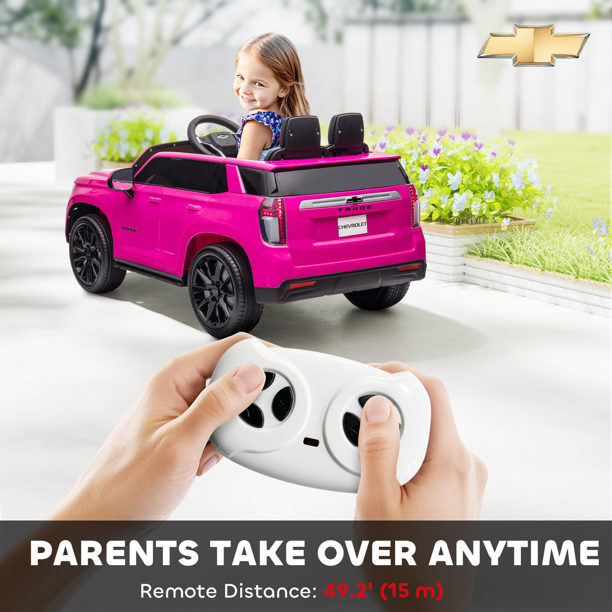 Licensed Chevrolet Tahoe Kids Ride on Car, 12V 7AH Toddler Electric Car with Parent Remote Control, 3 Speeds, Spring Suspension, LED Light, Horn, Music, Pink-Toys & Games > Baby & Toddler Toys > Electric Ride-On Toys > Electric Toy Cars-DECOROLALA
