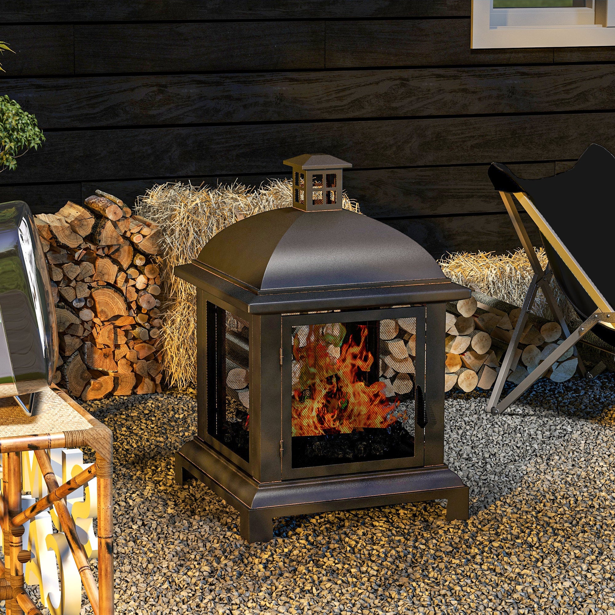 Chimney-Style Wood-Burning Fire Pit with Poker - Black 26"-Patio & Garden > Fire Pits-DECOROLALA