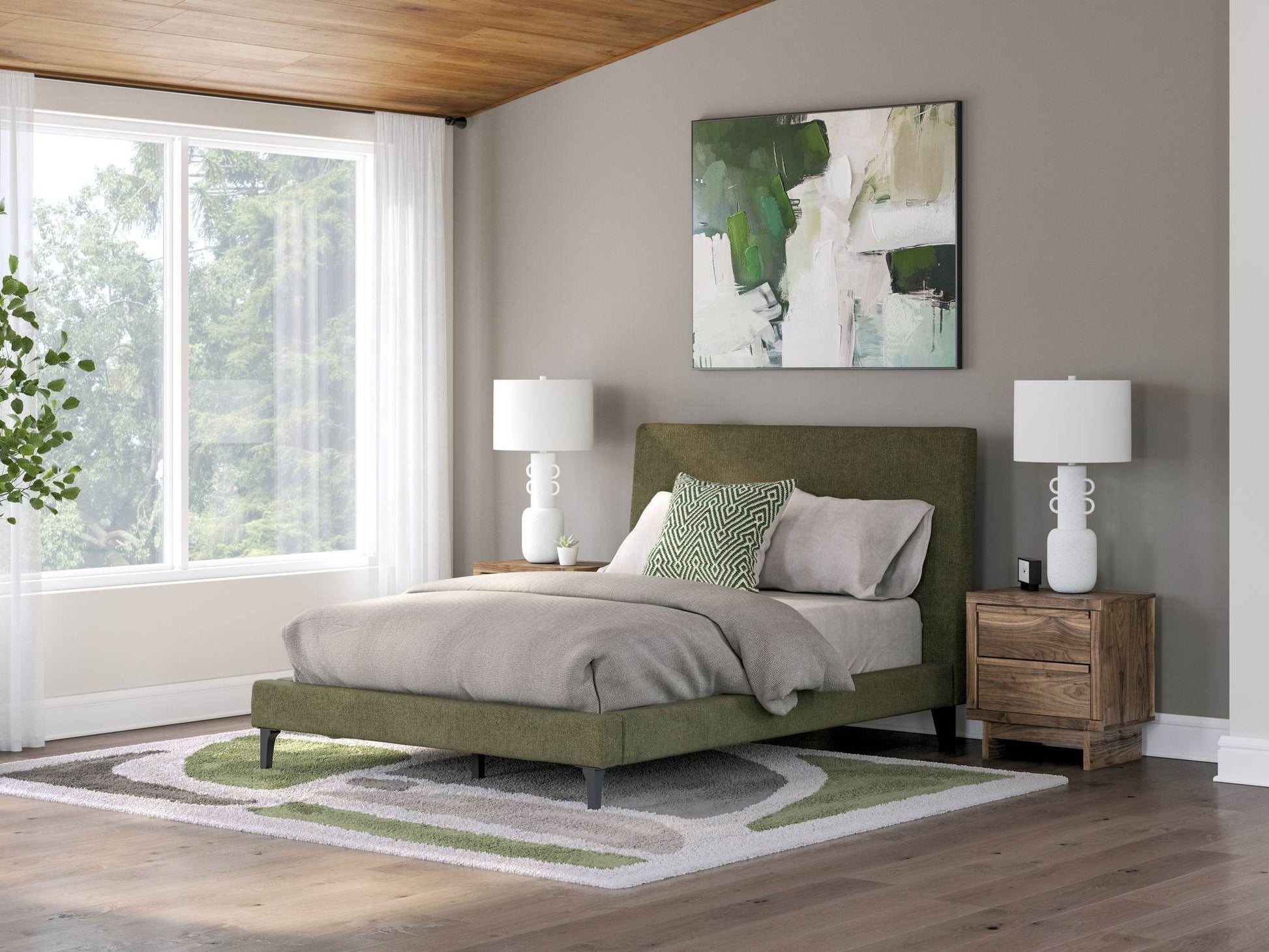 Chirason Upholstered Bed - Sage Green Roll Slats-Upholstered Beds-DECOROLALA