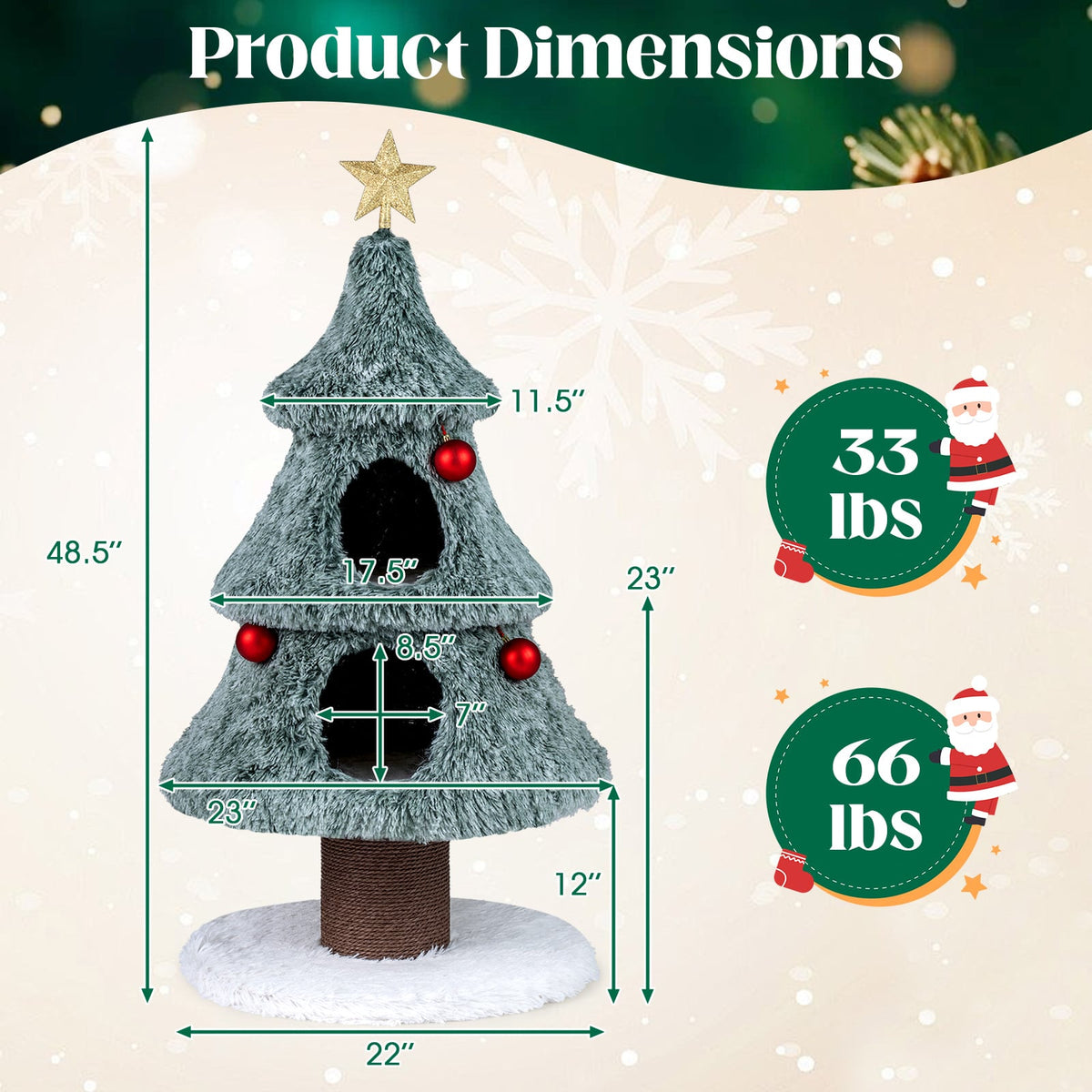 Christmas Cat Tree for Indoor Cats 48.5 inch Cute Cat Tower with 2 Large Condos Scratching Post-Green-Cat Trees & Scratchers-DECOROLALA